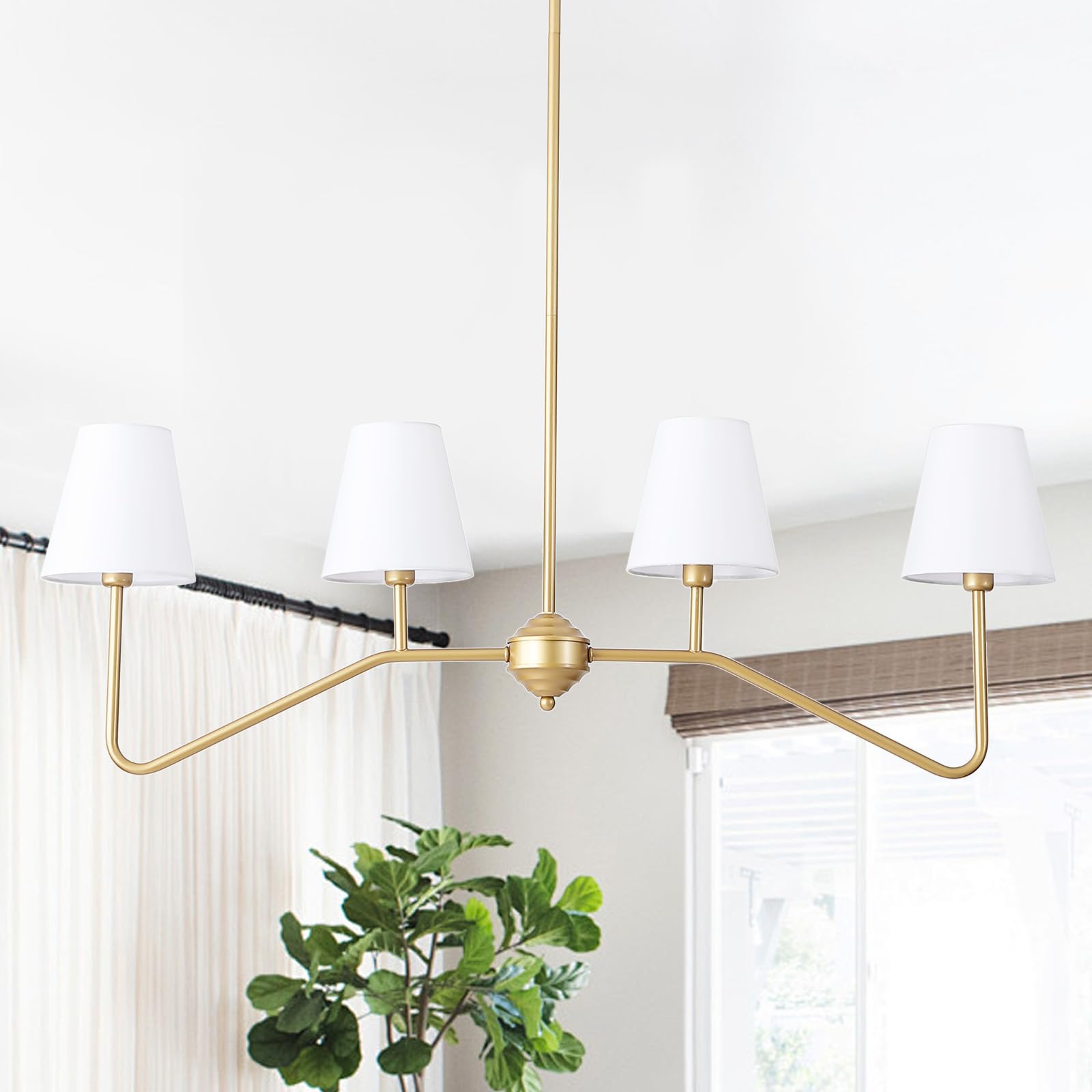 30.5" 5 Arms Gold Chandelier, 5 Lights Kitchen Island Lighting with White Fabric Shade,Dining Room Light Fixture for Hallway Entryway Foyer Living Room，E12.