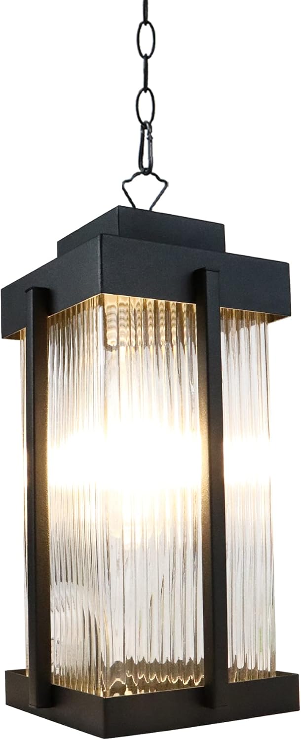 Modern Simple Black Outdoor Pendant Light with Striped Glass Lamp Shade for Porch, Adjustable Chain Outdoor Ceiling Light Fixture Waterproof Hanging Patio Light Fixture