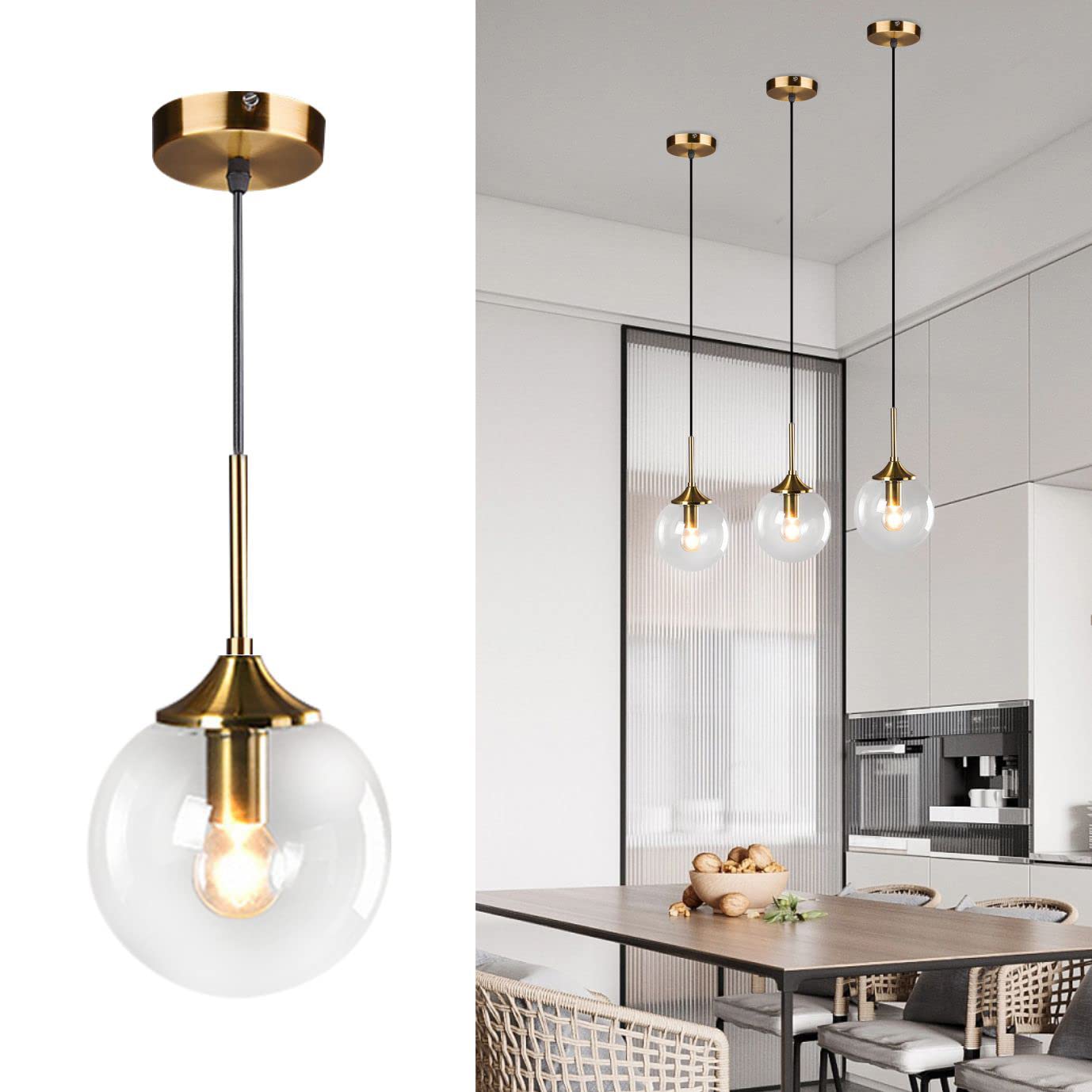 Lighting Mid Century Modern Pendant Chandelier 1-Light Gold Glass Globe Pendant Light Brushed Brass Pendant Light Large Kitchen Pendant Lighting Over Island (Amber)