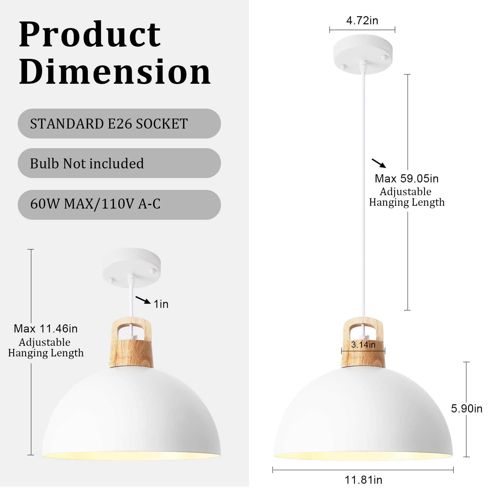 3 Pack Pendant Light Fixtures Farmhouse White Chandelier Kitchen Island Lighting 11.8" Industrial Modern Ceiling Dome Wood Hanging Light Fixture for Dining Room Bedroom Living Room Foyer Entryway,E26