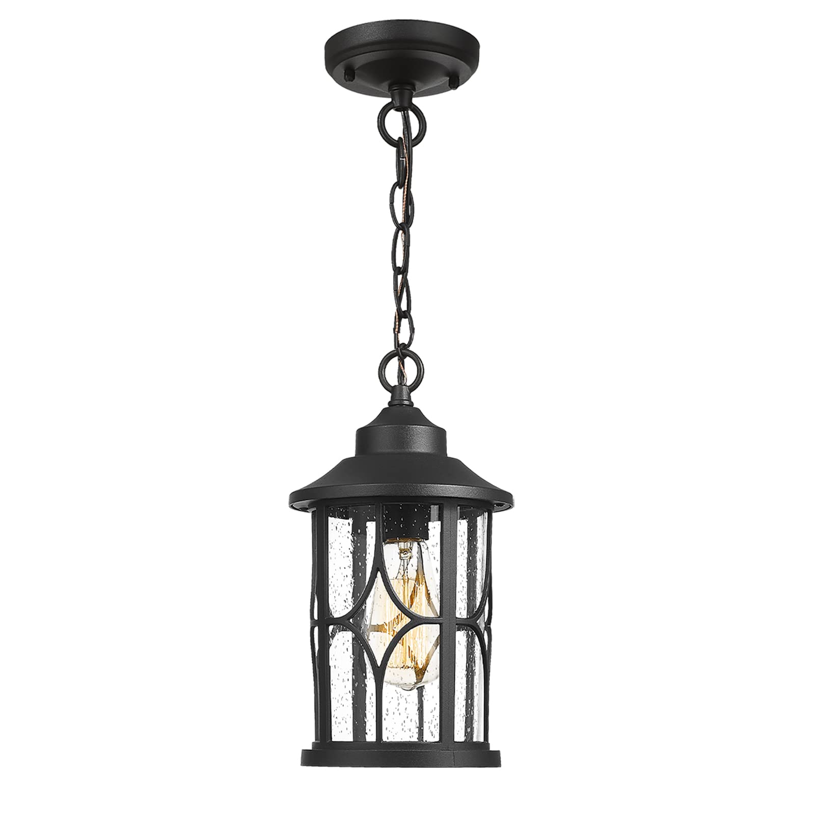 Outdoor Pendant Light for Porch - 12 Inch Farmhouse Exterior Hanging Lantern with Seeded Glass, Black Finish, ZX48H BK