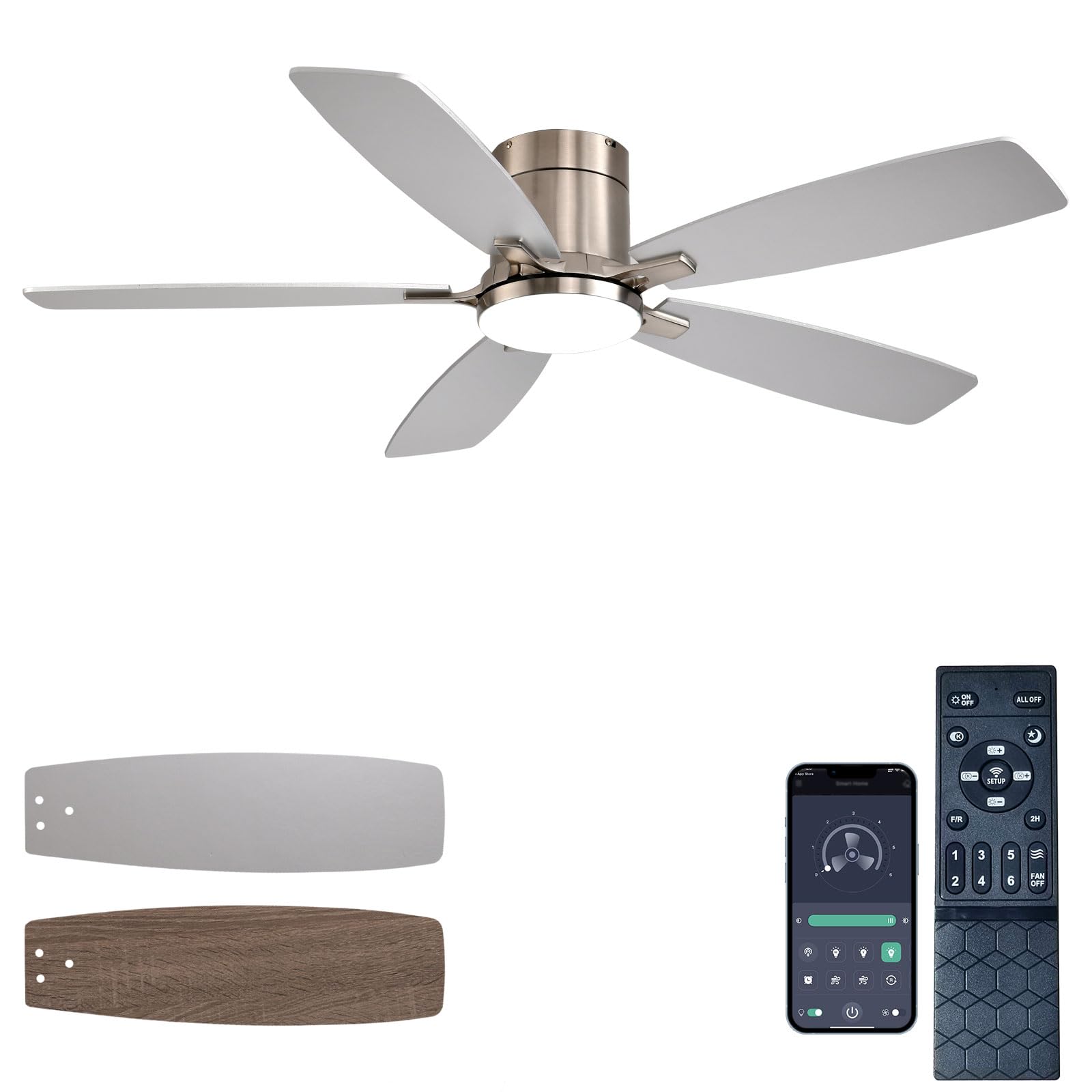 Ceiling Fans with Lights, 52 inch Low Profile Ceiling Fan with Light and Remote Control, Flush Mount, Reversible Motor, Dimmable, Noiseless, White Ceiling Fan for Bedroom, Indoor/Outdoor Use