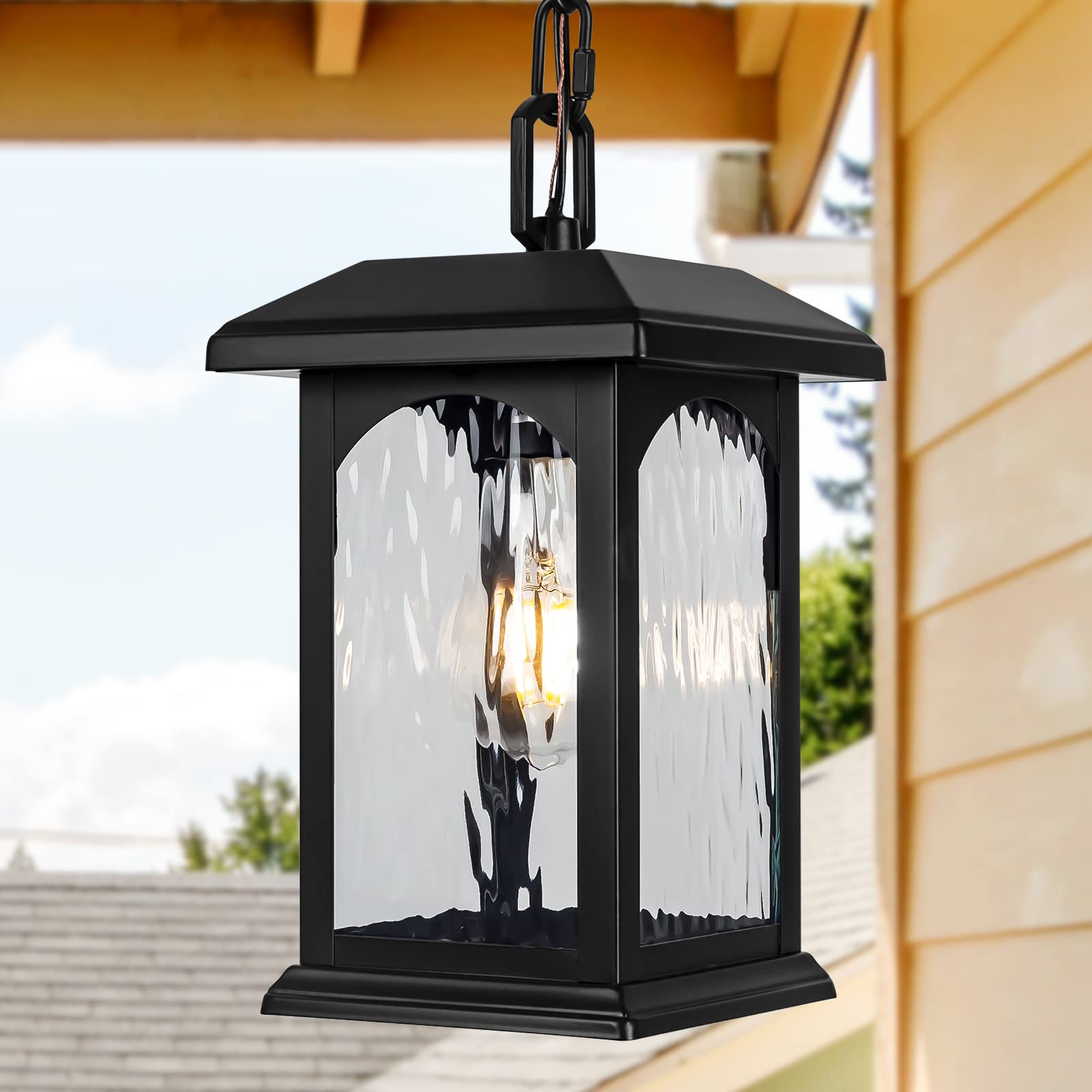 Outdoor Pendant Light Fixture, Adjustable Exterior Chandelier, Black Hanging Light, Porch Light with Temperate Rippled Glass, Modern Outside Hanging Lantern for Front Door, Gazebo, Patio, Anti-Rust