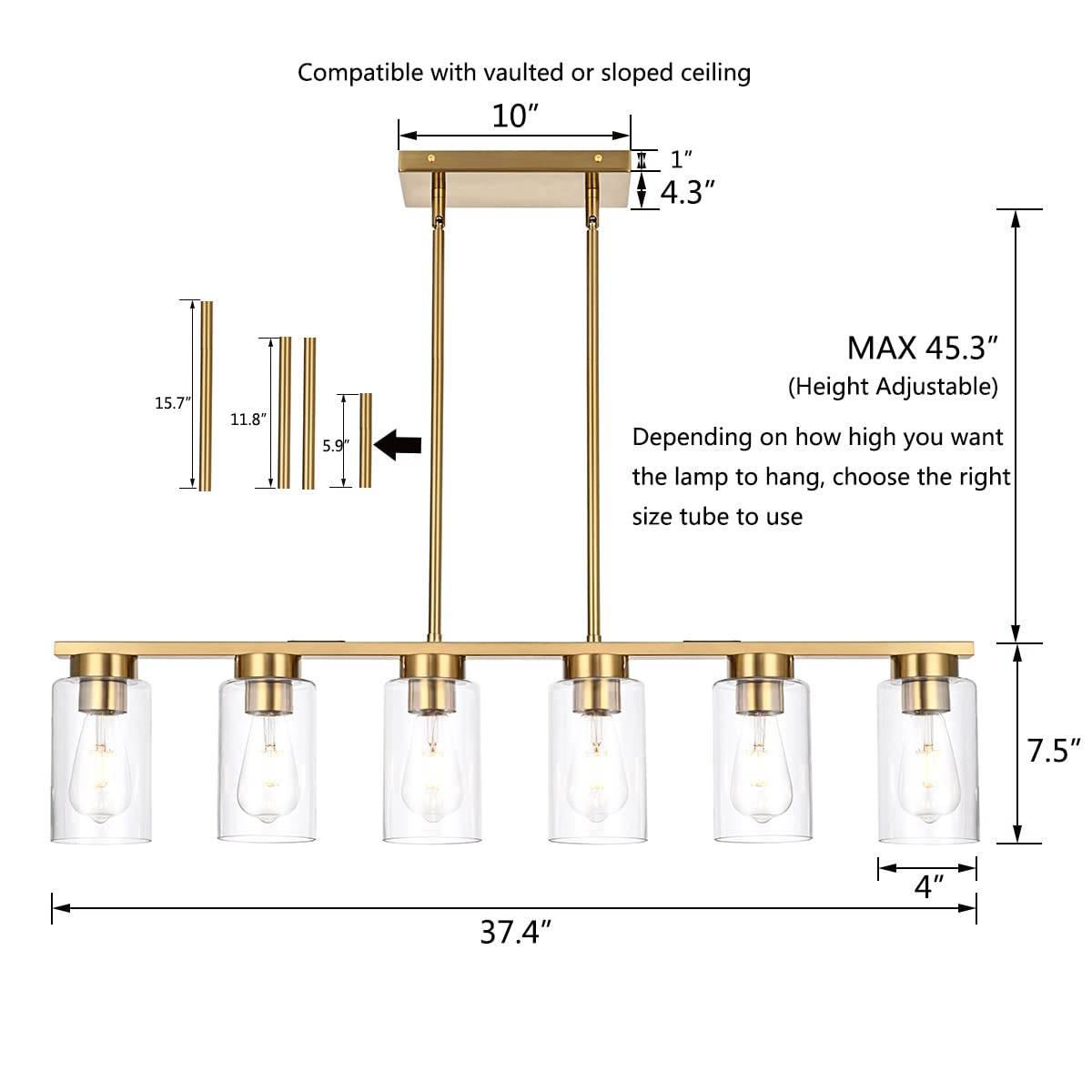 Modern Linear Farmhouse Chandelier, 6-Light Brush Nickel Kitchen Island Pendant Light with Glass Shade Fixture for Dining Room Foyer Bar Pool Table (Nickel)