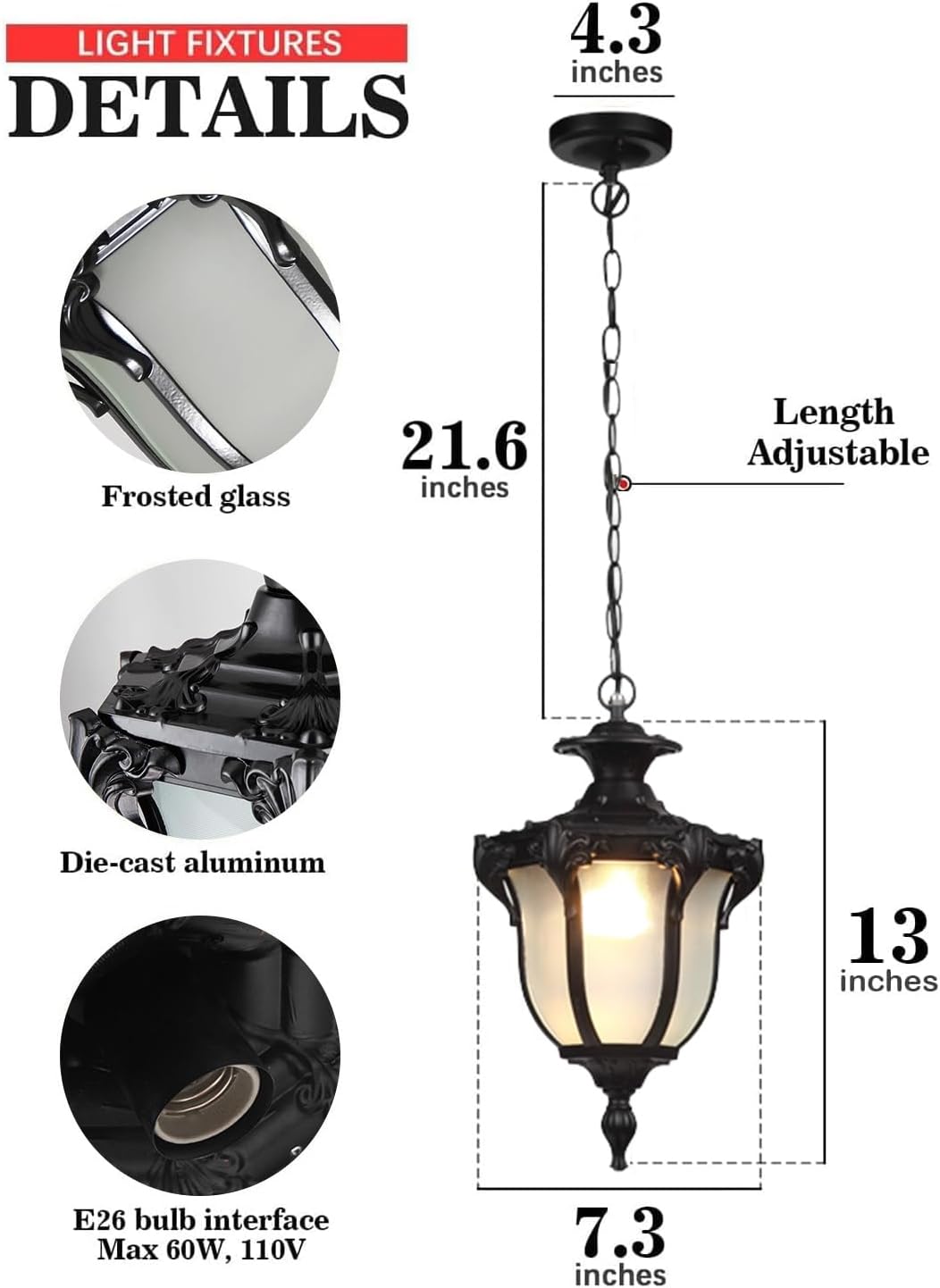 Rustic Victorian E26 Exterior Ceiling Pendant Light American Outdoor Waterproof Chandelier Garden Corridor Grape Frame Pavilion Black Hanging Light Adjustable Suspension Lighting Fixture