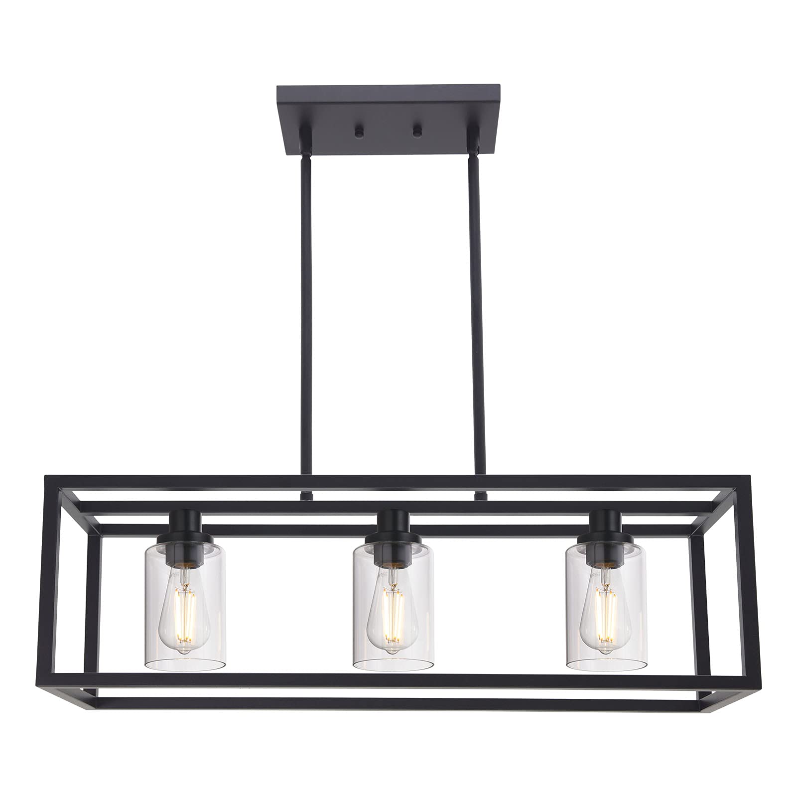 MELUCEE Black Chandeliers Rectangle 5 Lights Dining Room Lighting Fixtures Hanging Over Table, Kitchen Island Lighting Linear Pendant Light Ceiling with Clear Glass Shade and Brushed Brass Socket