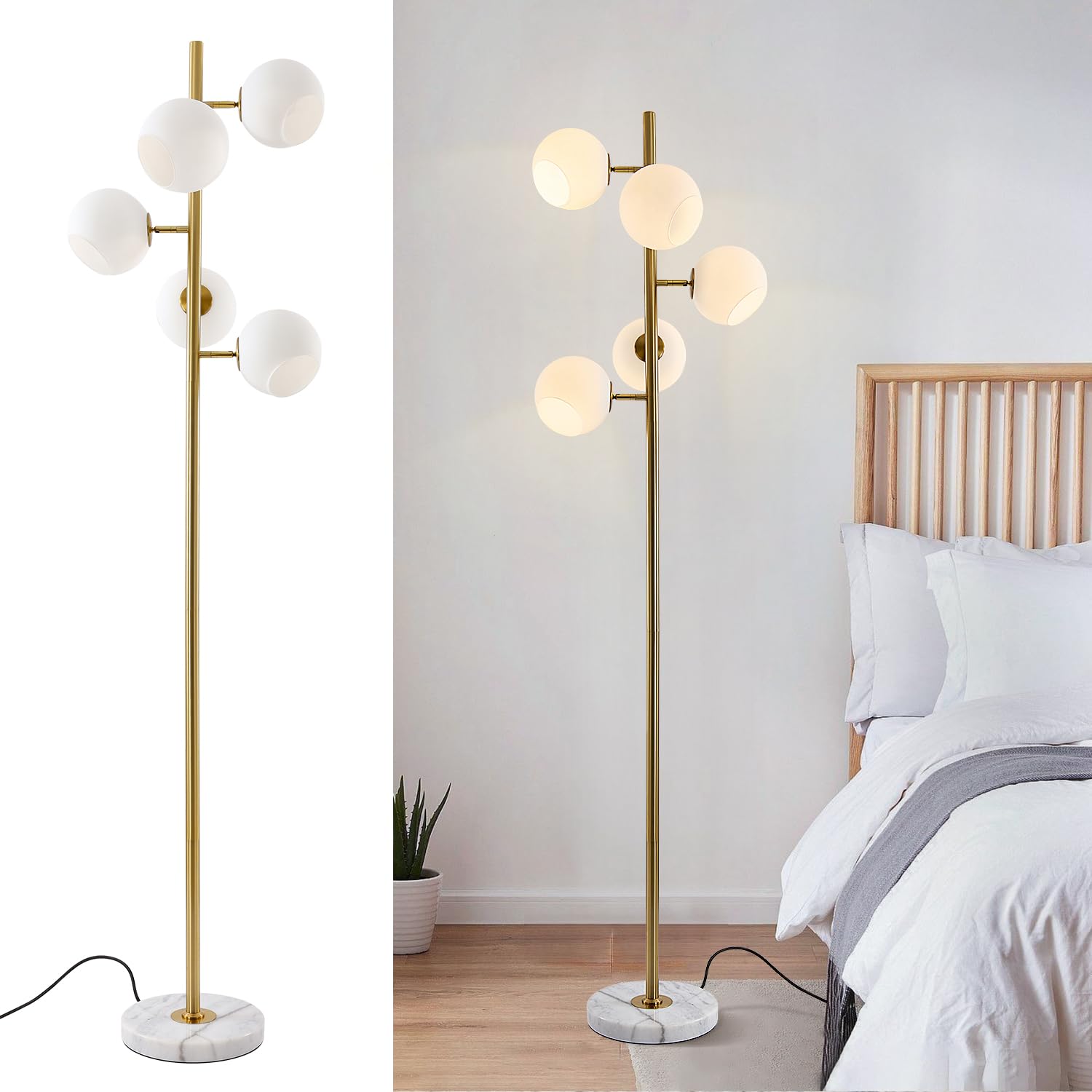 Lighting 5-Light Frosted White Glass Globe Floor Lamp Mid Century Modern Gold Tall Pole Standing Light LED Standing Lamps with Foot Switch for Home Office (Gold)