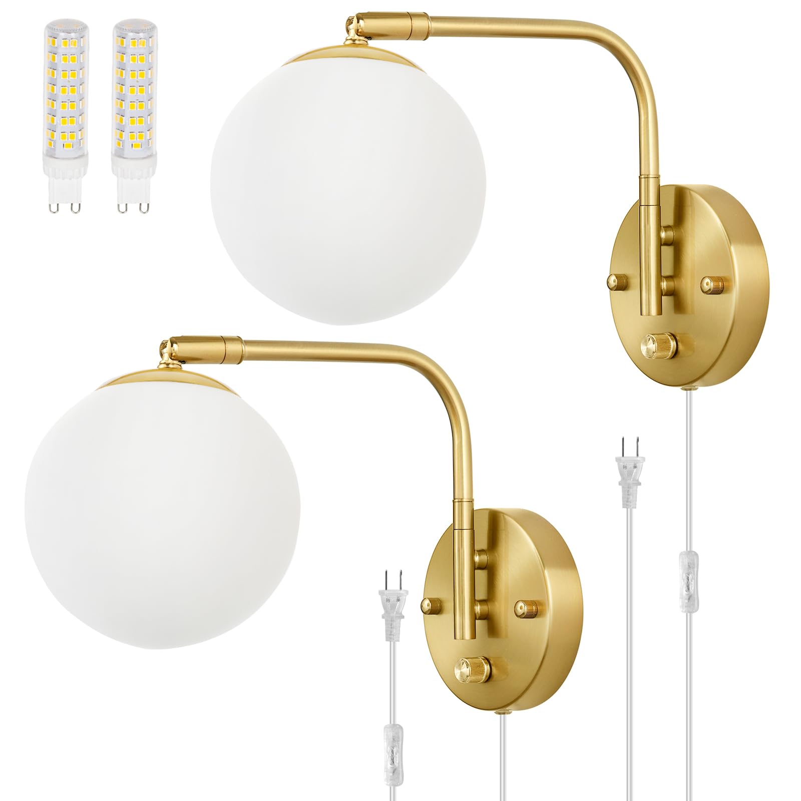 Dimmable Wall Sconces Plug in, Swing Arm Wall Lights with Plug in Cord and Dimmer On/Off Knob Switch, Dimmable Wall Light with Milky White Glass Globe Shade(2 Bulbs Included)