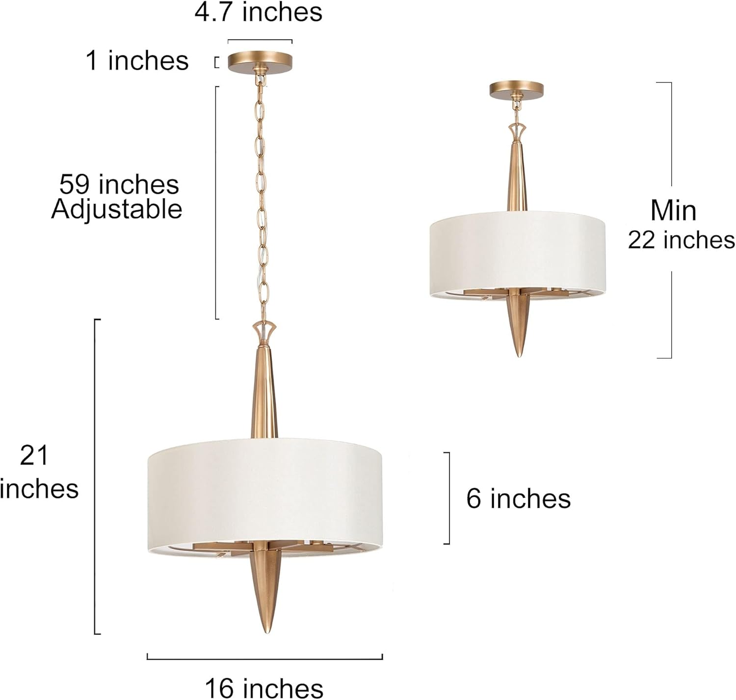 Gold Chandeliers, Modern Drum Hanging Light Fixture with White Fabric, 4 Light Chandelier for Dining Room Living Room Foyer