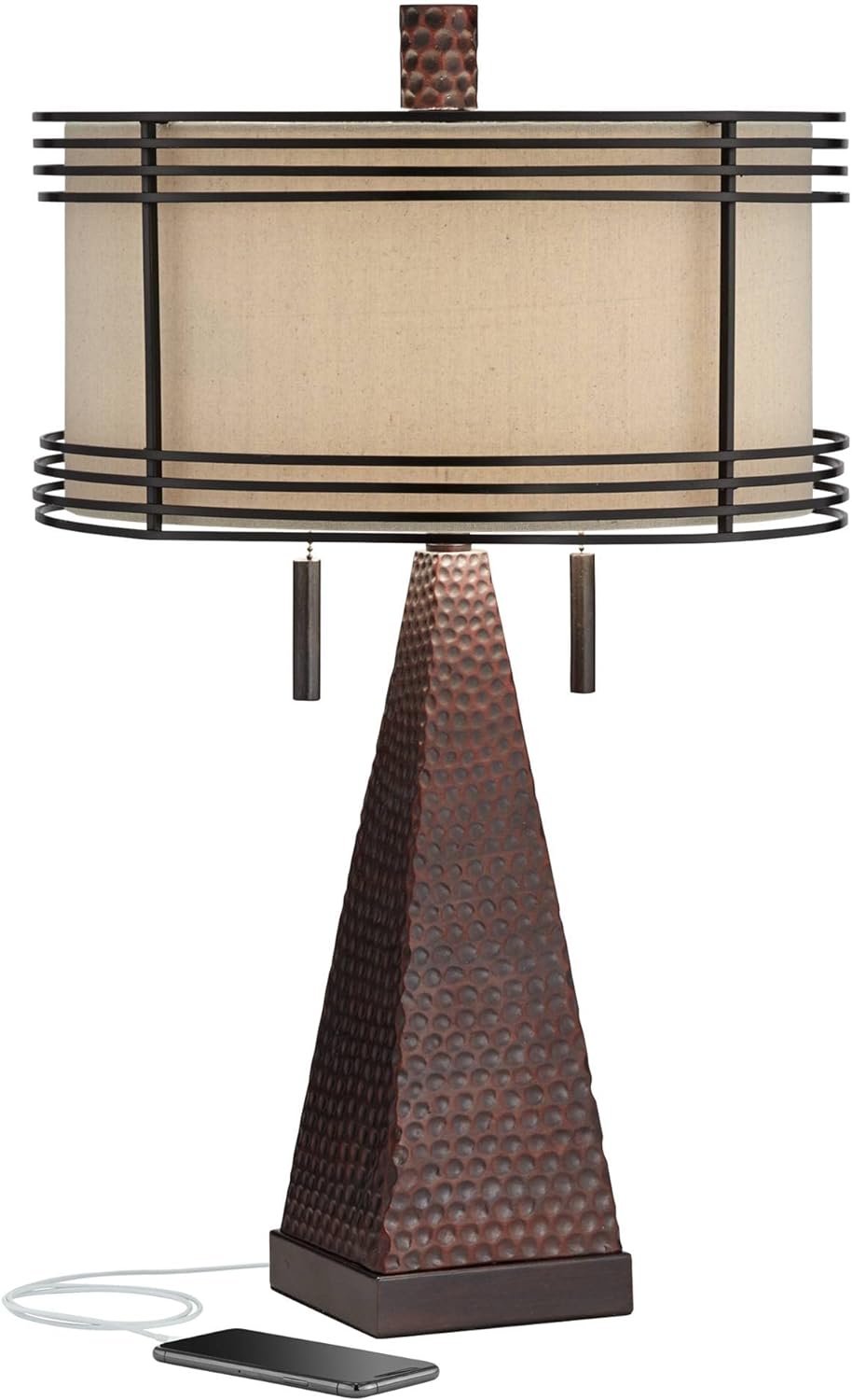 Industrial Table Lamp with USB Charging Port Rustic 26" High Hammered Bronze Brown Metal Double Drum Shade for Living Room Bedroom House Bedside Nightstand Home Office