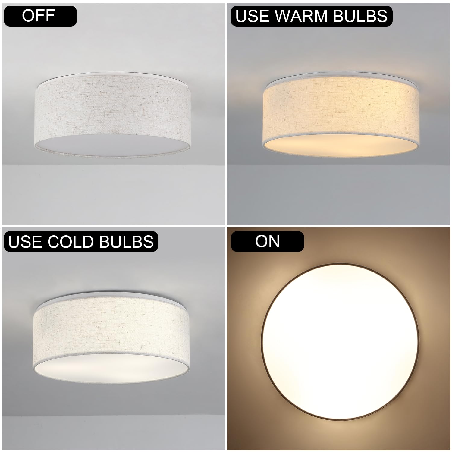 3-Light Double Fabric Drum Ceiling Light Fixture, 12.59 Inches Simple Semi Flush Mount Ceiling Lights with Double Fabric Shade, Modern Close to Ceiling Lights for Bedroom, Hallway E26 60W