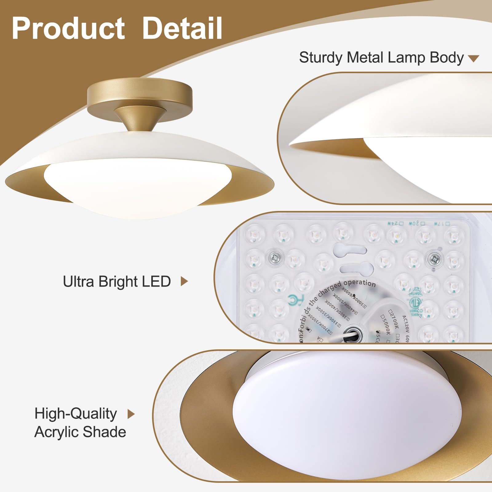 Dimmable White and Gold Ceiling Light, Mid-Century Semi-Flush Mount Ceiling Light, Modern LED Lighting Fixture, 5CCT 2700K-6000K Ceiling Lamp for Bedroom Hallway Laundry Room Kitchen 11.8 in