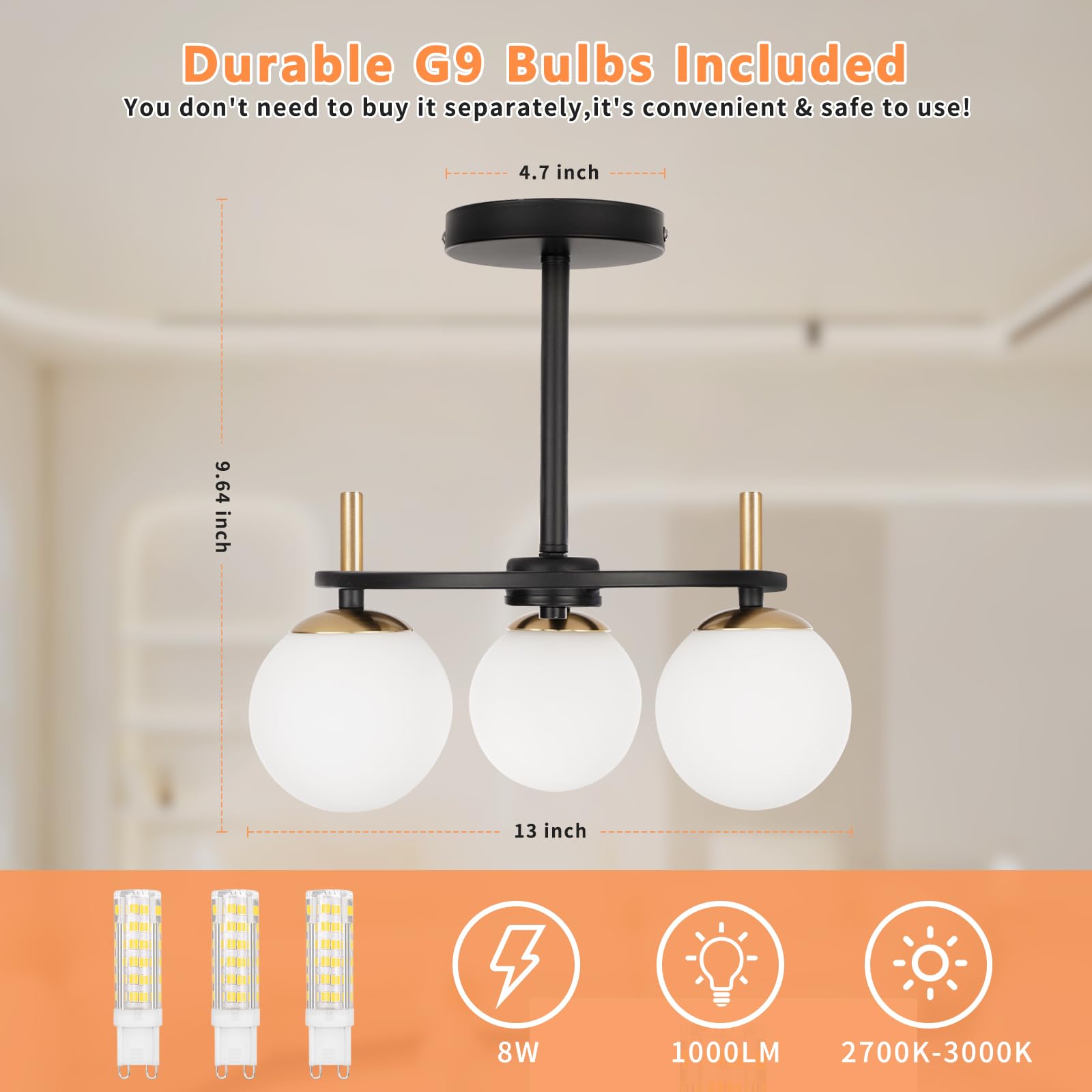 Modern Semi Flush Mount Ceiling Light - Easric Gold Ceiling Light Fixture Mid Century Light Fixtures Ceiling Mount with 3 Frosted Glass Lampshade Globe Ceiling Lamp for Hallway Kitchen Bedroom