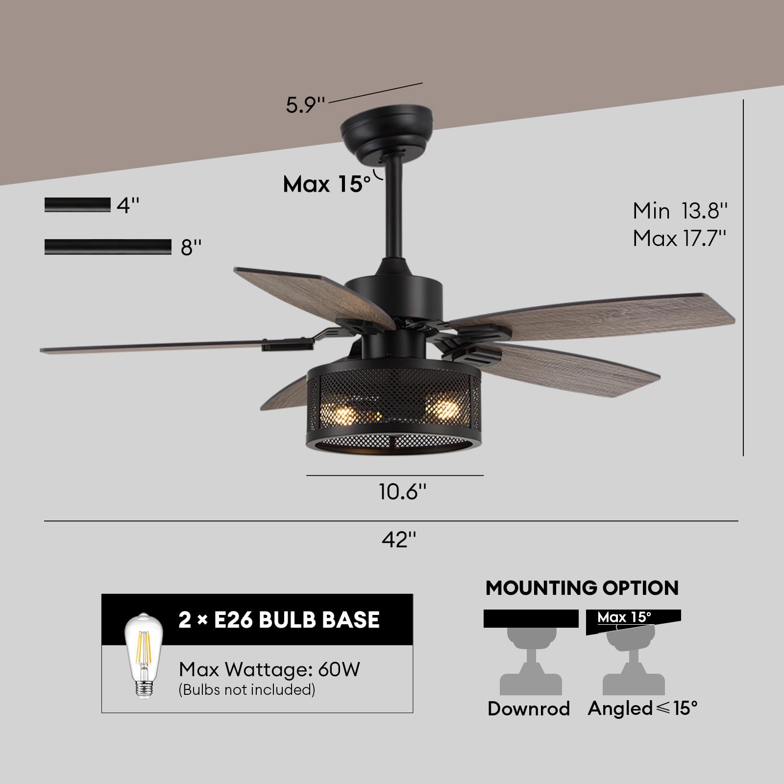 42 Inch Ceiling Fans with Lights and Remote/APP Control, Brown Ceiling Fan for Bedroom Living Room and Patio, Caged Ceiling Fan with 2 E26 LED Lights(Bulbs not Included), Indoor and Outdoor