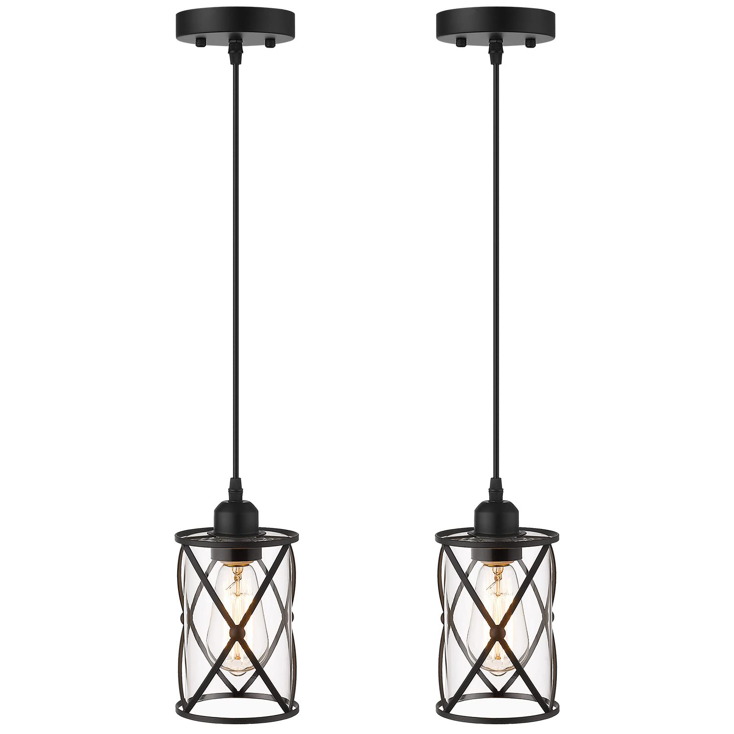 Brushed Gold Pendant Lights Kitchen Island, 2 Pack Brass Glass Pendant Light Fixture Farmhouse Cage Hanging Lighting with Rod for Kitchen Island Sink Bathroom, CH9176BG-2PKG