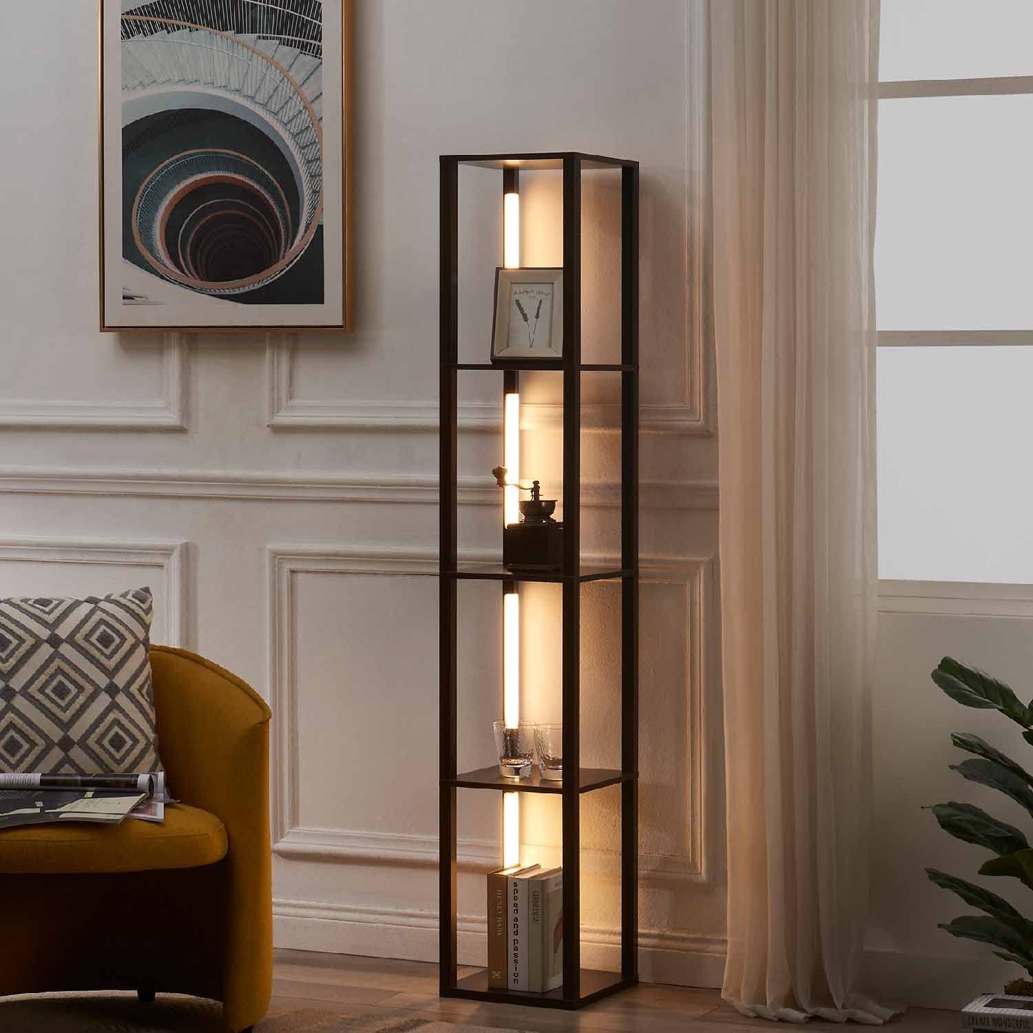 LED Display Shelf with Dimmable Lights, LED Shelf Floor Lamp for Living Room, Sturdy Corner Shelf Curio Cabinet Display, Tall Floor Lamp with Shelves