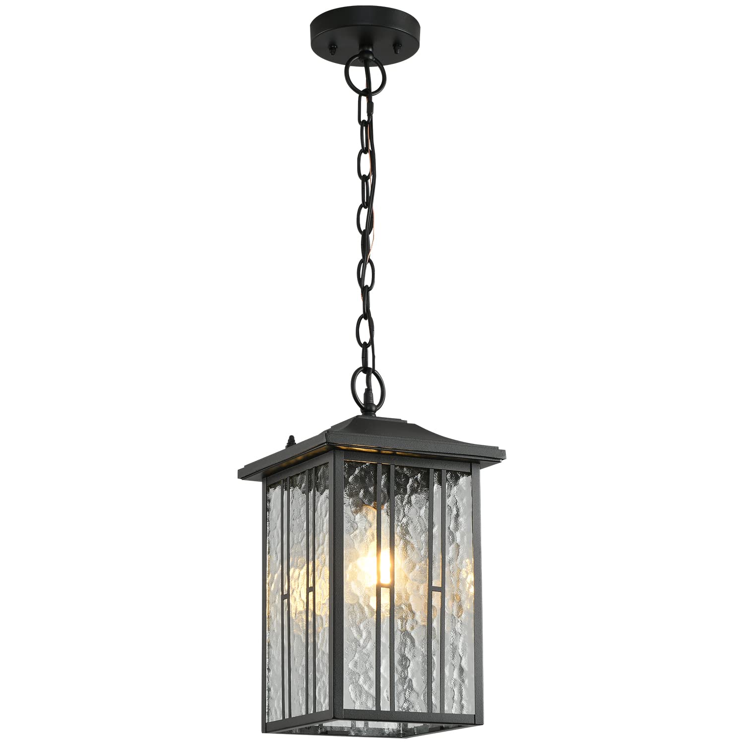 Outdoor Pendant Light, Black Exterior Hanging Lights, LED Outdoor Chandelier, Modern Hanging Lantern for Porch, Ceiling Entry Porch Patio Matte Black with Water-Rippled Glasses