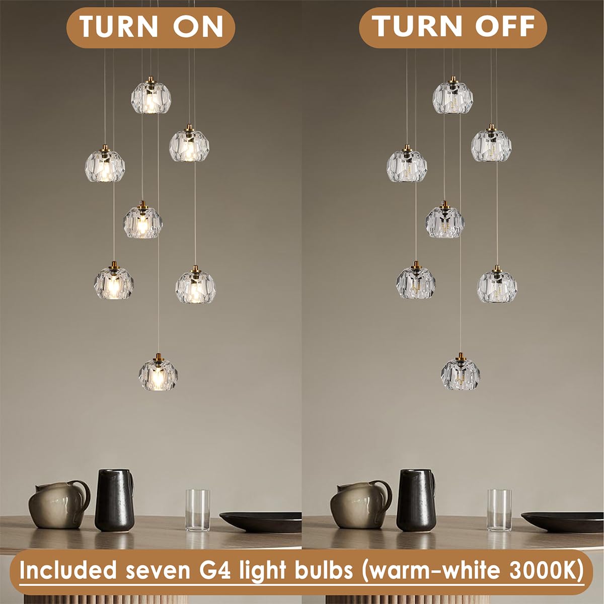 3-Light Cut Pendant Light Fixtures, 9W Brass Ceiling Pendant Lighting, Clear Prism Crystal Hanging Lamps LED Lights for Kitchen Island Dining Room