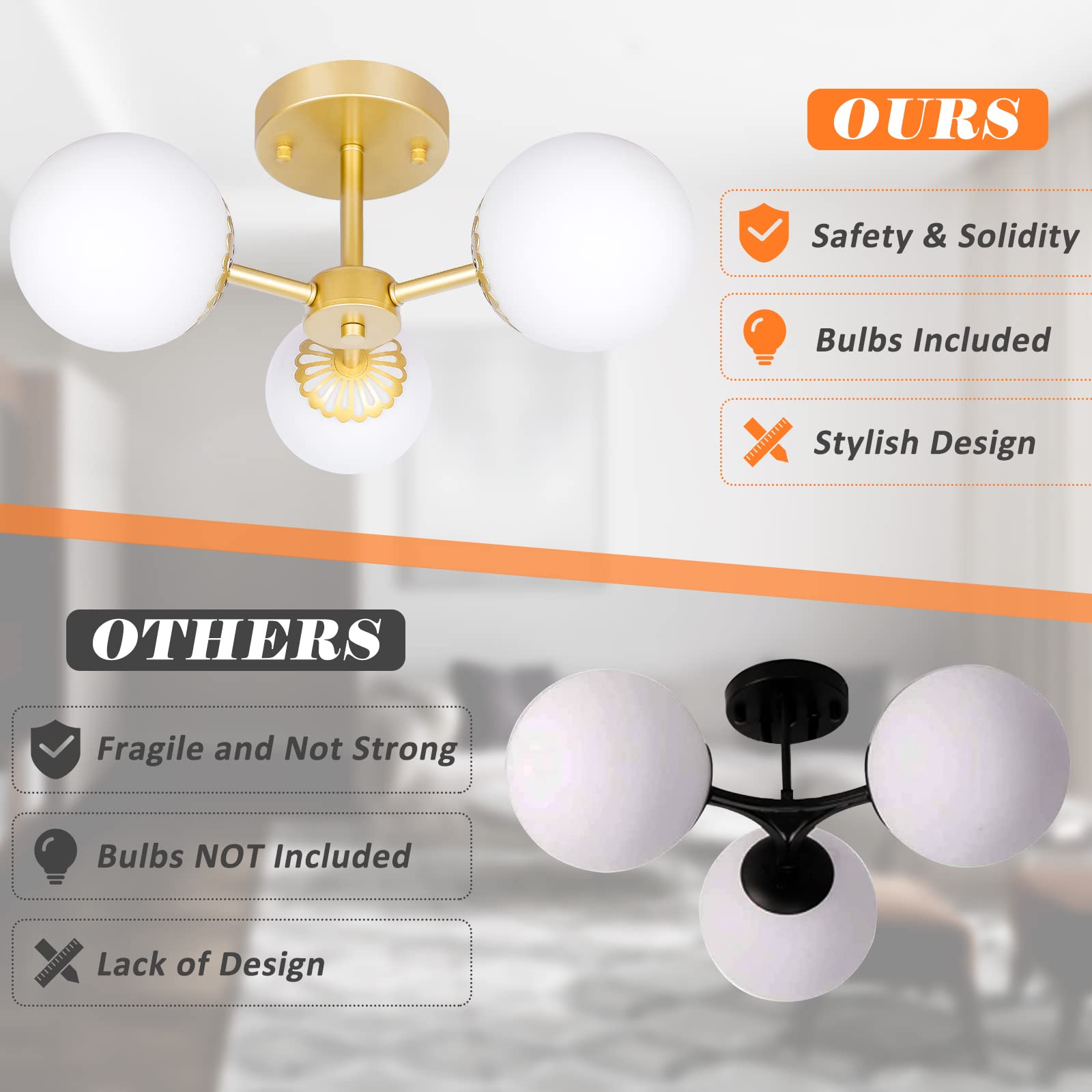 5-Light Gold Chandelier, Globe Modern Sputnik Light Fixture with Frosted Glass, Vintage Semi-Flush Mount Ceiling Light for Dining Room, Large Pendant Lighting for Kitchen Living Room Bedroom