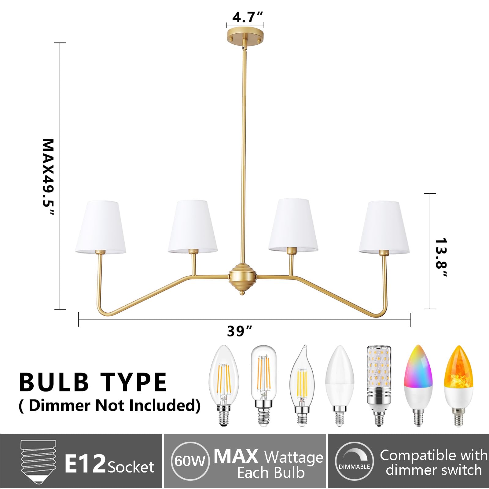 30.5" 5 Arms Gold Chandelier, 5 Lights Kitchen Island Lighting with White Fabric Shade,Dining Room Light Fixture for Hallway Entryway Foyer Living Room，E12.