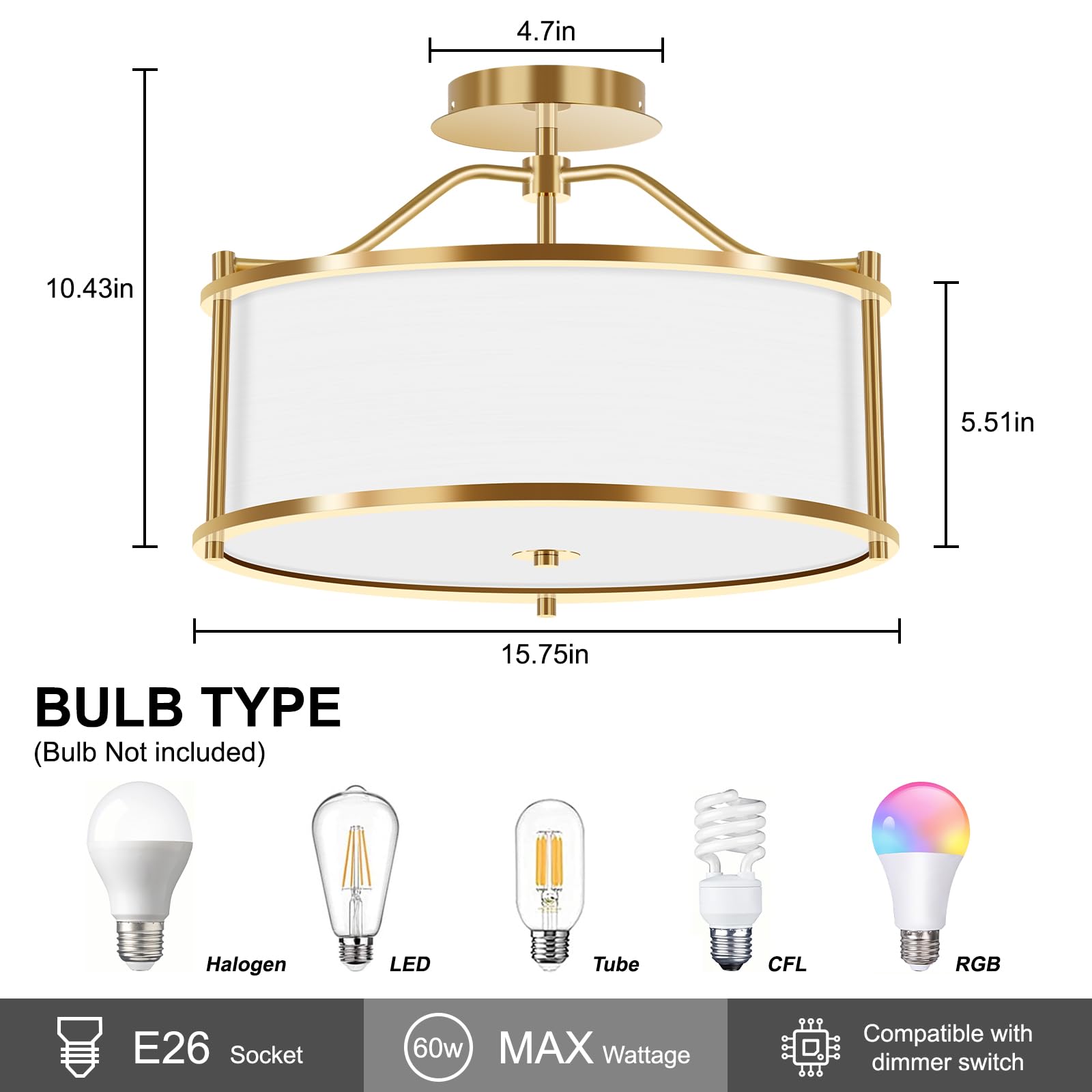 4 Light Semi Flush Mount Ceiling Light 15.7 Inches Light Fixture with Metal Frame Fabric Shade Modern Ceiling Light for Living Room Bedroom Kitchen Dining Room Entryway Hallway