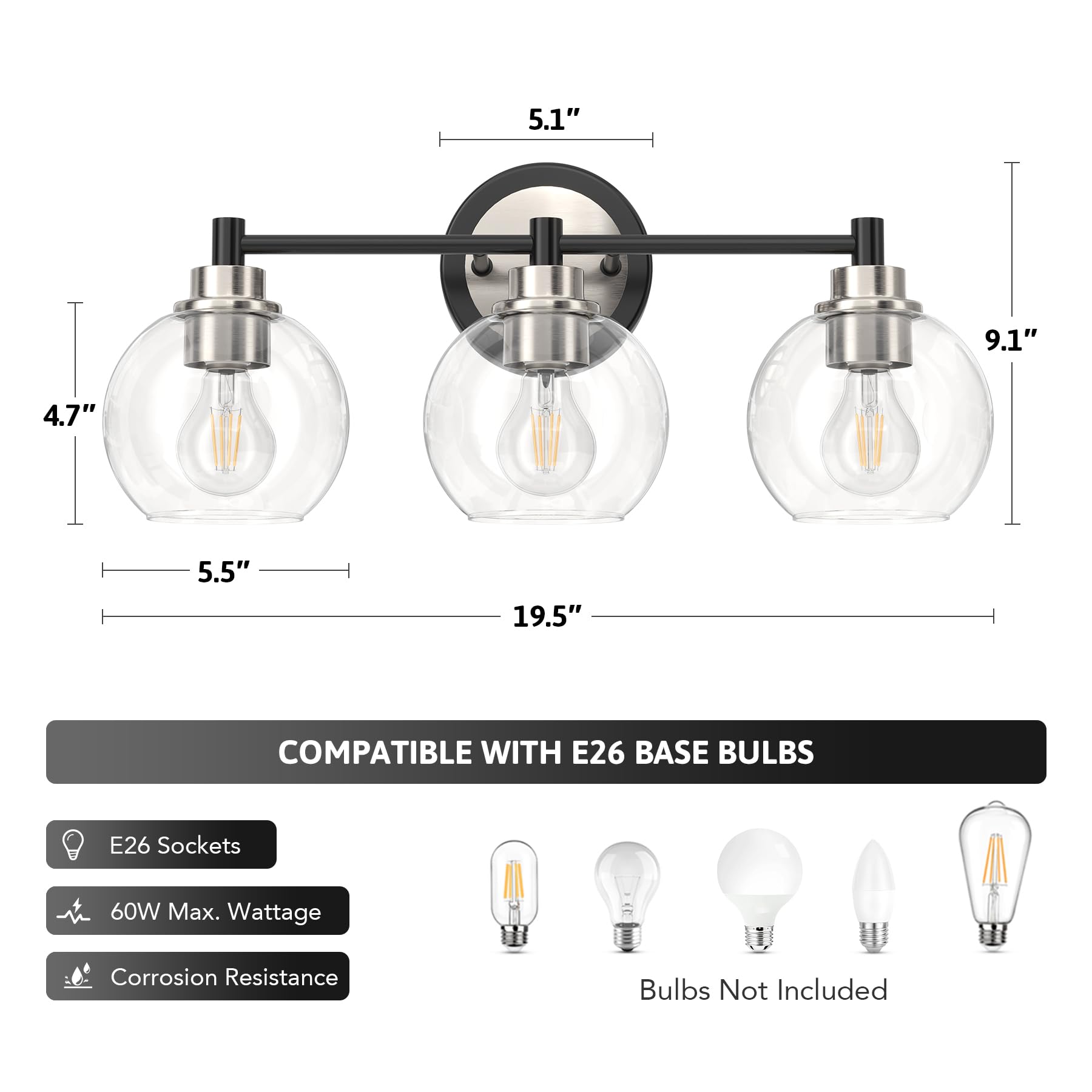 Bathroom Light Fixtures, 2-Light Bathroom Vanity Light with Globe Glass Shades E26 Sockets, Bathroom Lights Over Mirror for Bedroom Hallway Living Room, Gold Finish