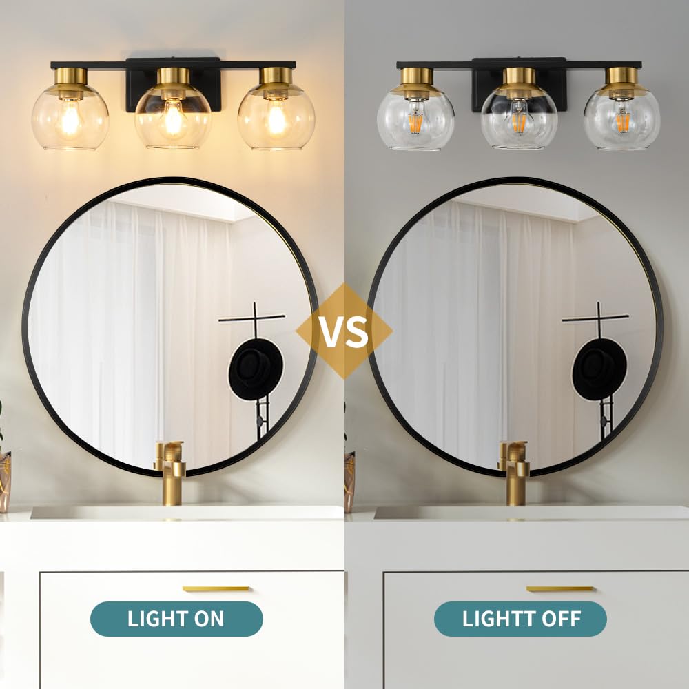 2 Light Black and Gold Vanity Lights for Bathroom Light Fixtures Over Mirror 13.7 in Clear Glass Shade Industrial Wall Sconce