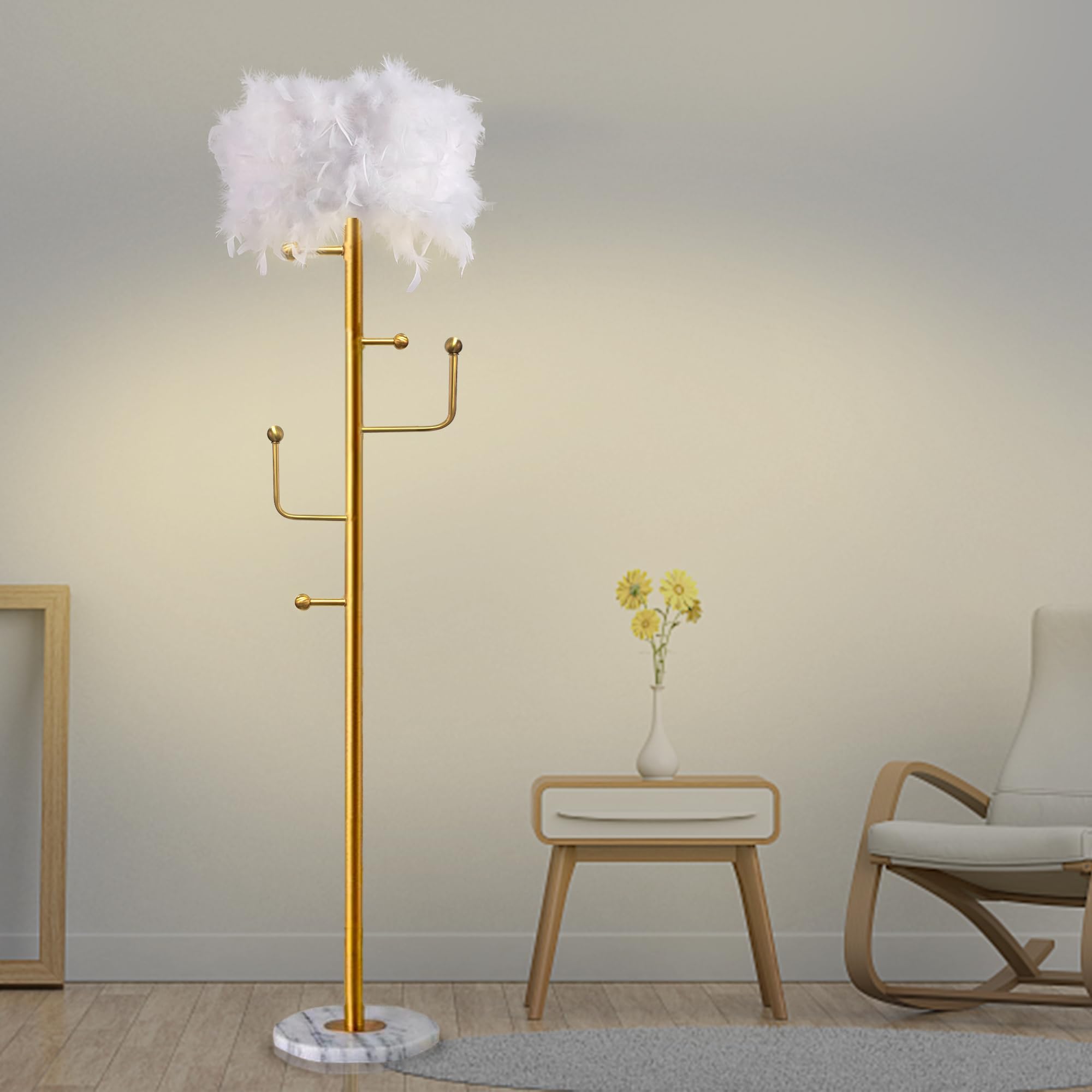 Floor Lamp White Natural Ostrich Unique Bedside Floor Lamps with Foot Switch Modern Gold Luxury LED Bulbs Resin Standing Light for Bedrooms Dining Room Living Room Kitchen 35 Pieces