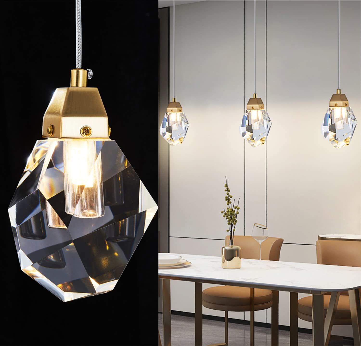 3 Lights Crystal Pendant Light Modern Cluster Chandelier - Dimmable LED Pendant Light Fixture with Brass Teardrop Design - Stylish Lighting for Kitchen Island, Dining Room, Hallway, Bathroom