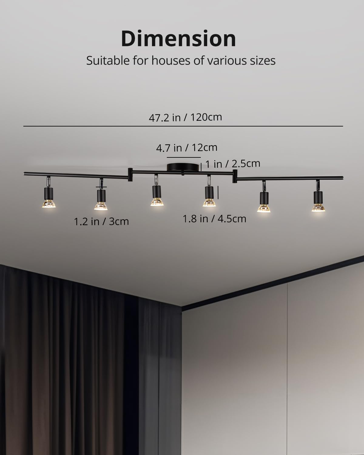 6 Light LED Track Lighting Kit, Ceiling Spot Lighting with Adjustable Light Heads & Foldable Light Arms, Matte Black Kitchen Track Lighting (GU10 Socket, Bulbs Not Included)