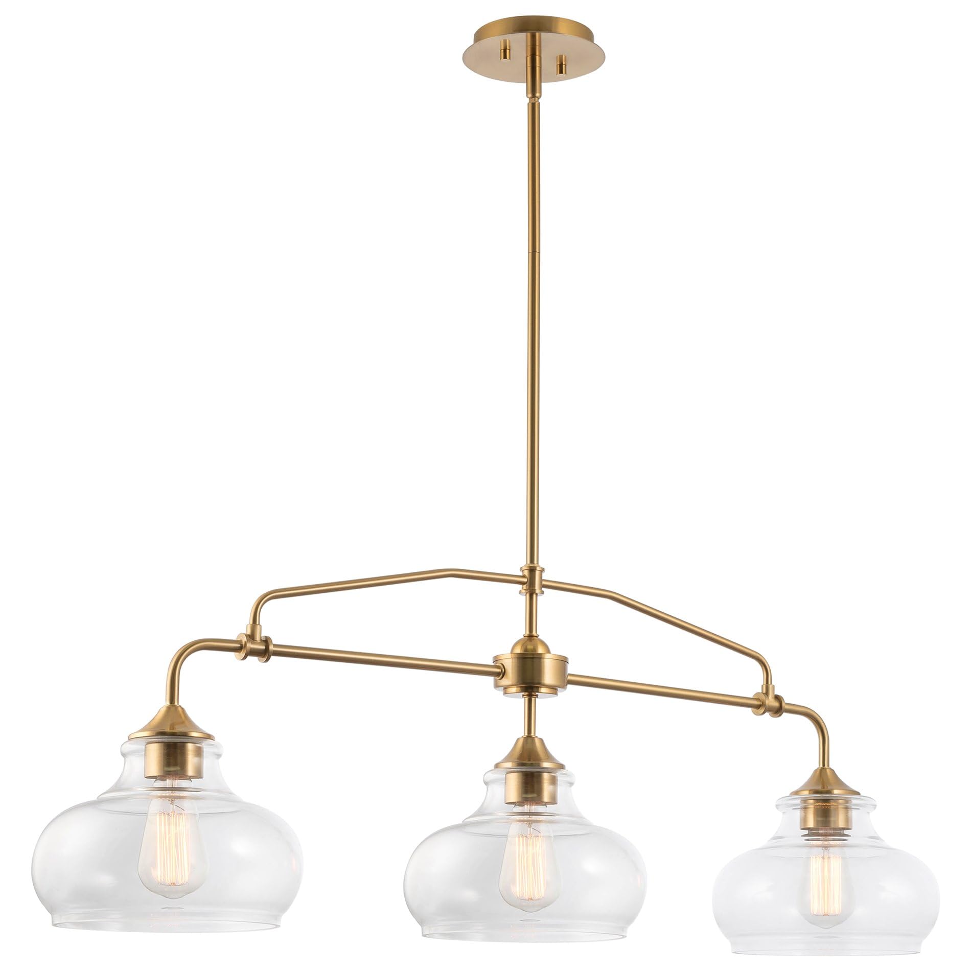 Kira Home Harlow 38" Modern Industrial Farmhouse 3-Light Kitchen Island Light with Clear Glass Shades, Adjustable Hanging Height, for Dining Room, Living Room or Kitchen, Cool Brass Finish