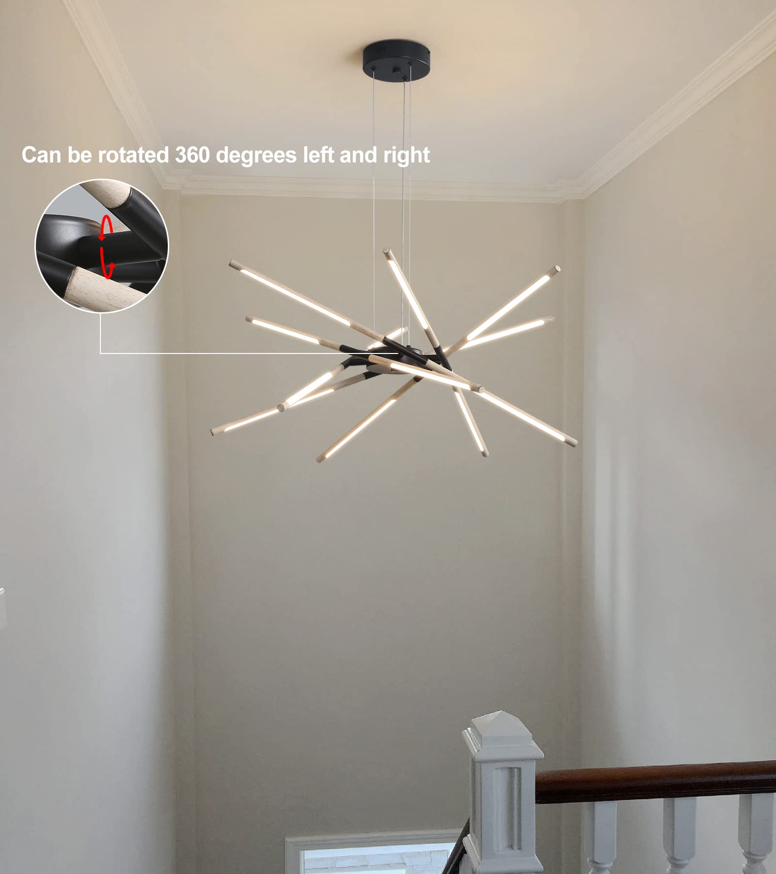 Modern LED Chandeliers for Dining Room,Black and Oak White Farmhouse Sputnik Dimmable Chandelier with Remote for Living Room Kitchen Office Hotel Restaurant Lobby