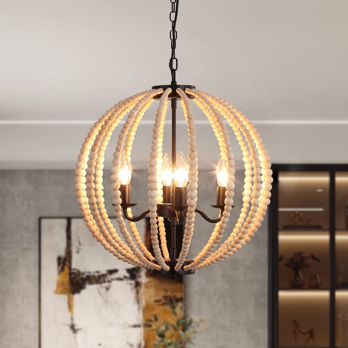 Modern Wooden Beads Dandelion Chandelier, Firework Pendant Lighting, 8-Lights Boho Hanging Light Fixture for Living Room Dining Room Bedroom Kitchen Foyer（Bulb is Included）