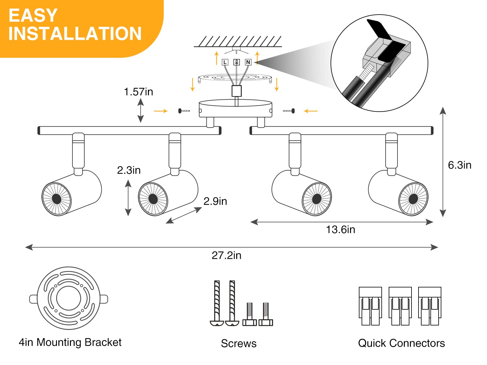 5-Color 4 Light LED Track Lighting Fixtures Ceiling for Kitchen, Dimmable Track Lighting Kit, Ceiling Spotlight Flush Mount Adjustable Directional Spot Lights Indoor, White CRI90 2400lm 30W