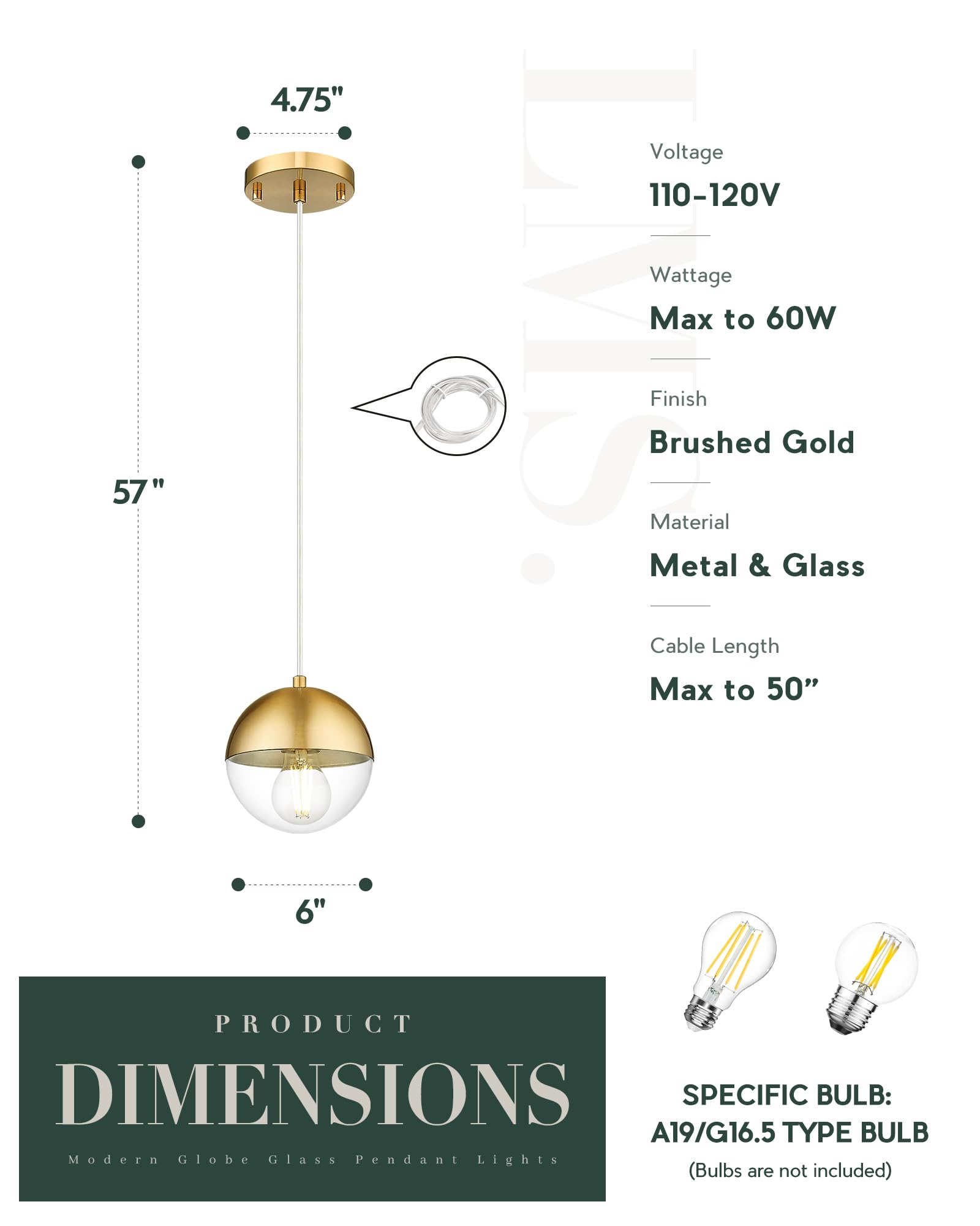 Modern Pendant Lighting Gold Globe Pendant Light Fixture, Mid Century Chandelier One Light Hanging Fixture for Kitchen Island, Adjustable Indoor Lighting for Dinning Room Bedroom, LMS-187