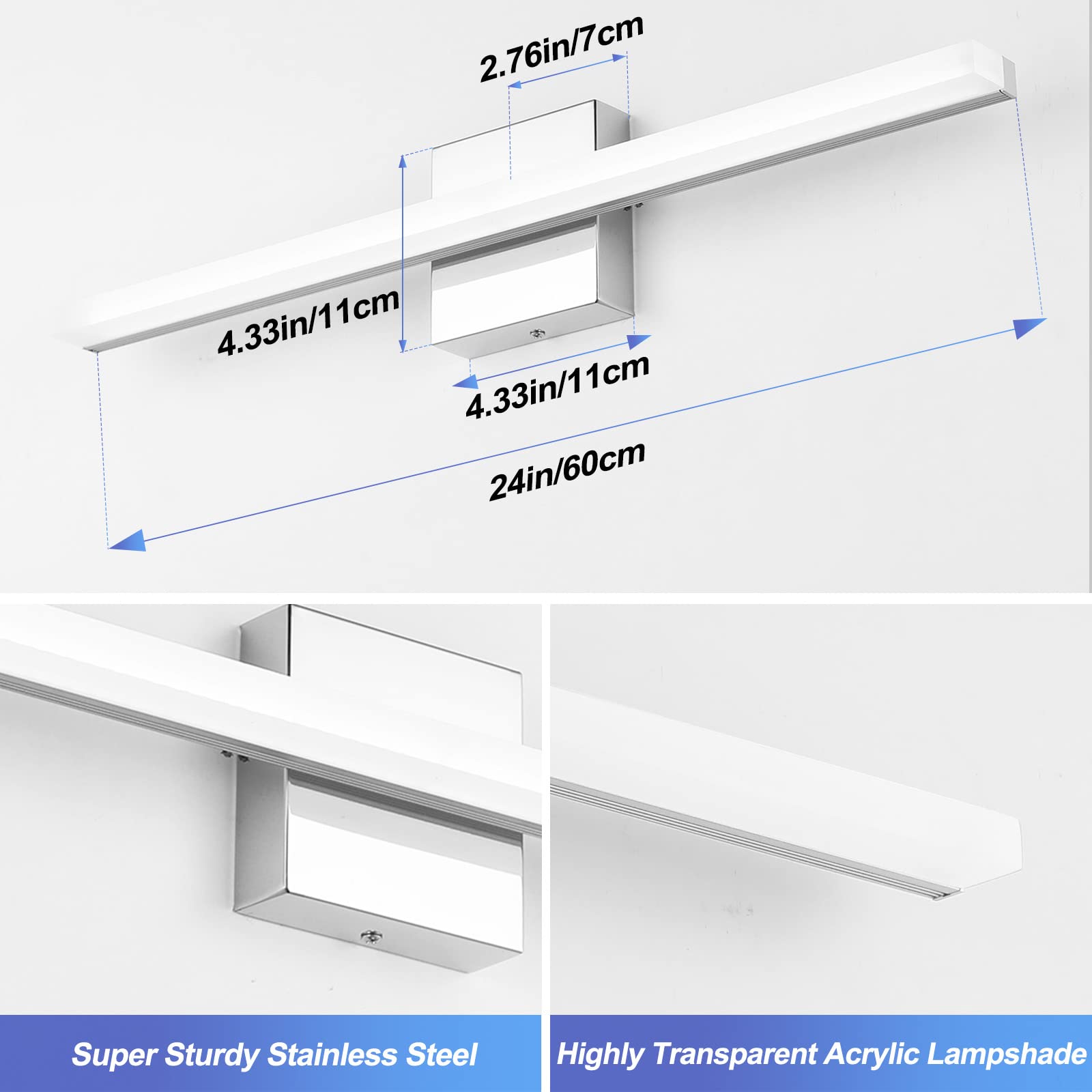 LED Vanity Lights Bar 24 Inch Bathroom Light Fixtures 14W IP44 Over Mirror Lighting Indoor Wall Sconces Modern Cool White 6000K for Washroom