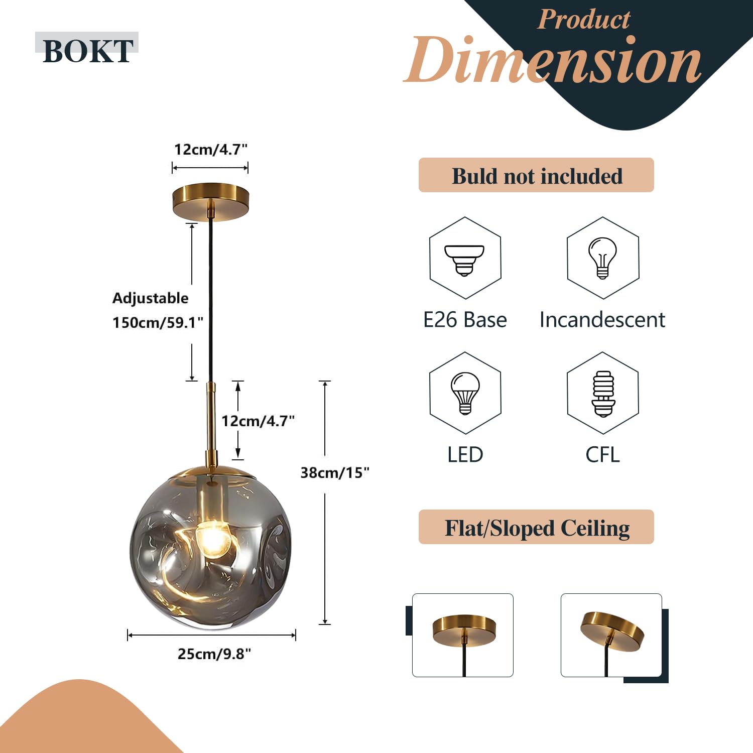 BOKT Modern Gold Kitchen Island Pendant Light Mid Century 3-Lights Globe Pendant Light Fixture Cluster Multi Light Pendant Lighting Bedside Glass Ball Pendant Lamp