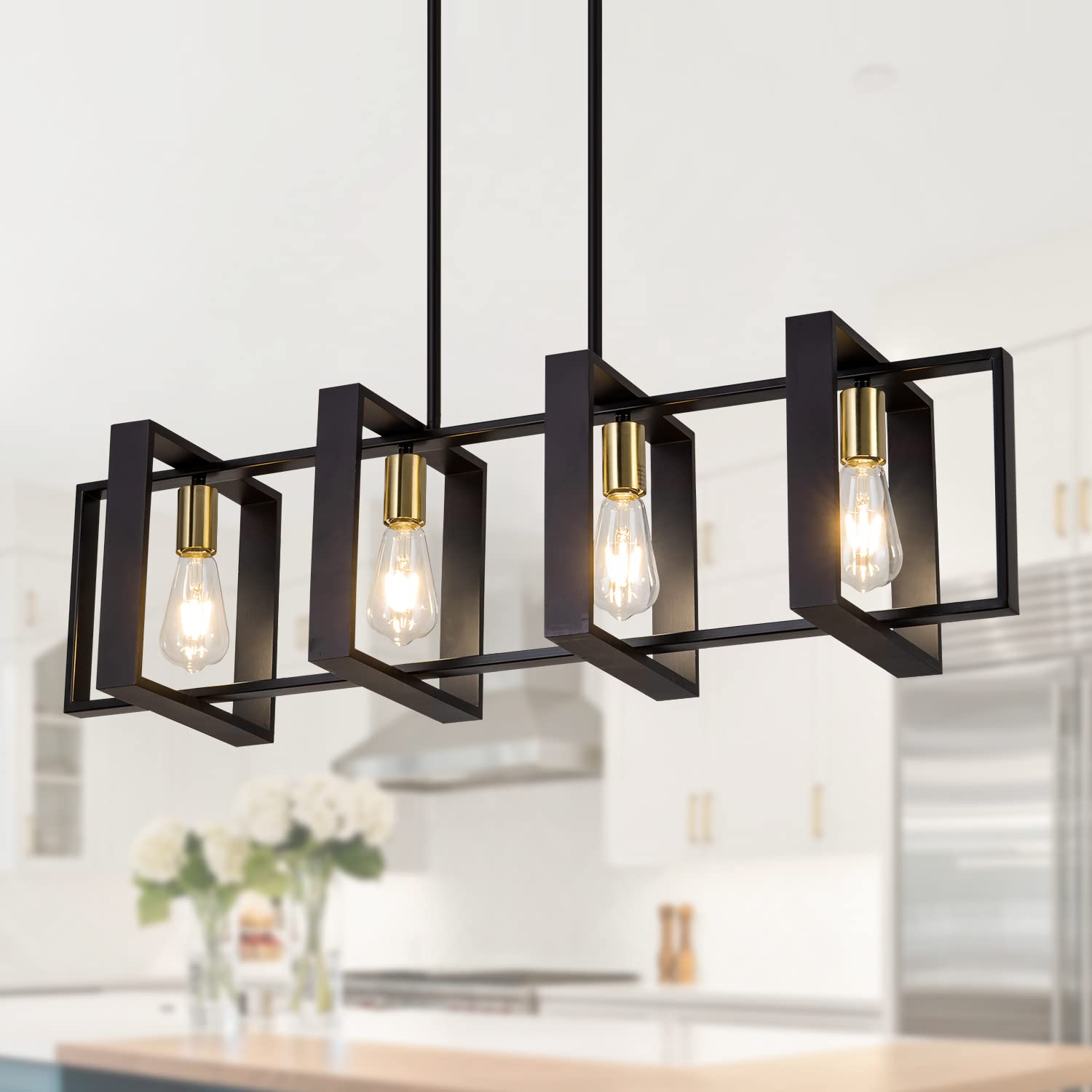 Farmhouse Kitchen Island Lighting Black Chandeliers for Dining Room Wooden Island Lights,Industrial Rectangle Light Fixtures Ceiling Hanging (4 Lights)