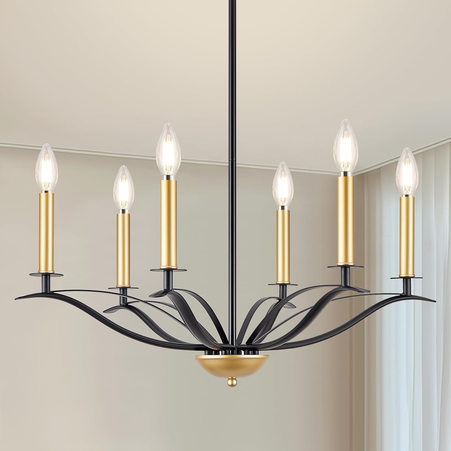 Black and Gold Chandelier, 6-Light Farmhouse Chandelier for Dining Room, Modern Candle Dining Light Fixture, Metal Chandelier Hanging Lighting for Kitchen, Living Room, Foyer, Entryway