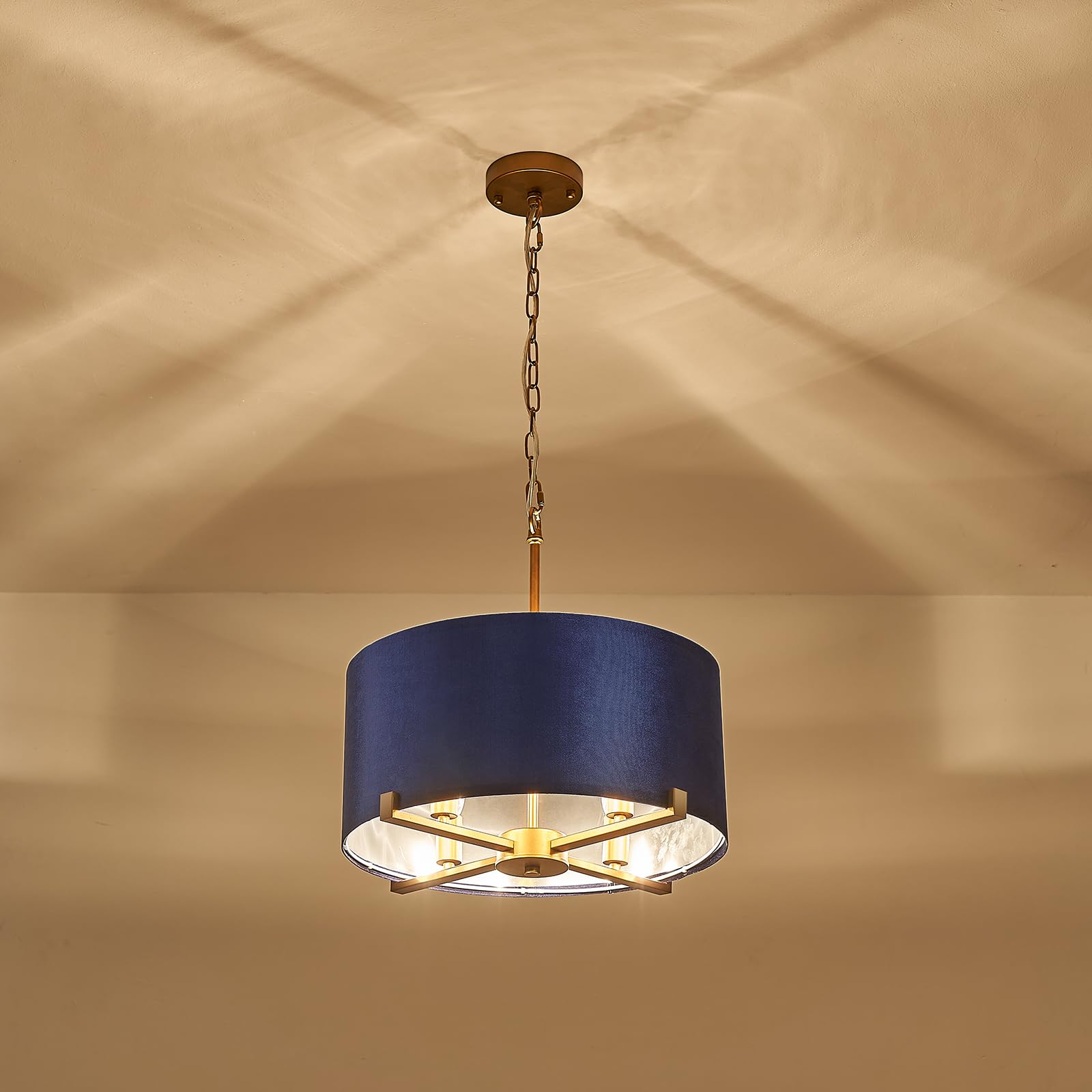 Chandelier,Drum 18” Round Ceiling Pendant Light Velvet Fabric Shade with Gold 4 Lights Fixtures Modern Semi Flush Mount Hanging Chandelier for Bedroom Foyer Hallway Dining Room