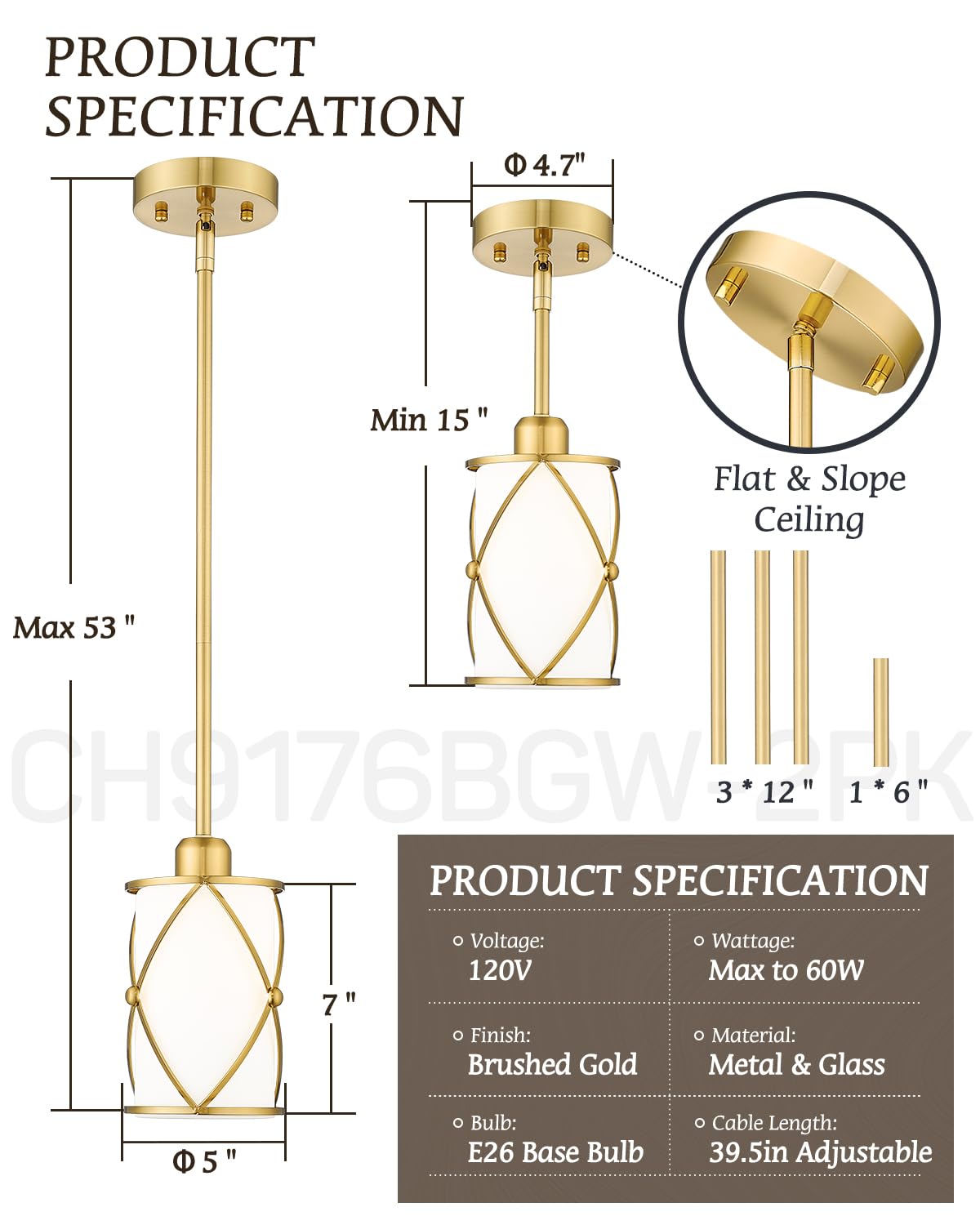 Brushed Gold Pendant Light Fixtures, 3-Light Modern Dining Room Cluster Pendant Light with Milky Glass, Mid Century Cage Hanging Pendant Lighting for Kitchen, Adjustable, CH9176BGW3