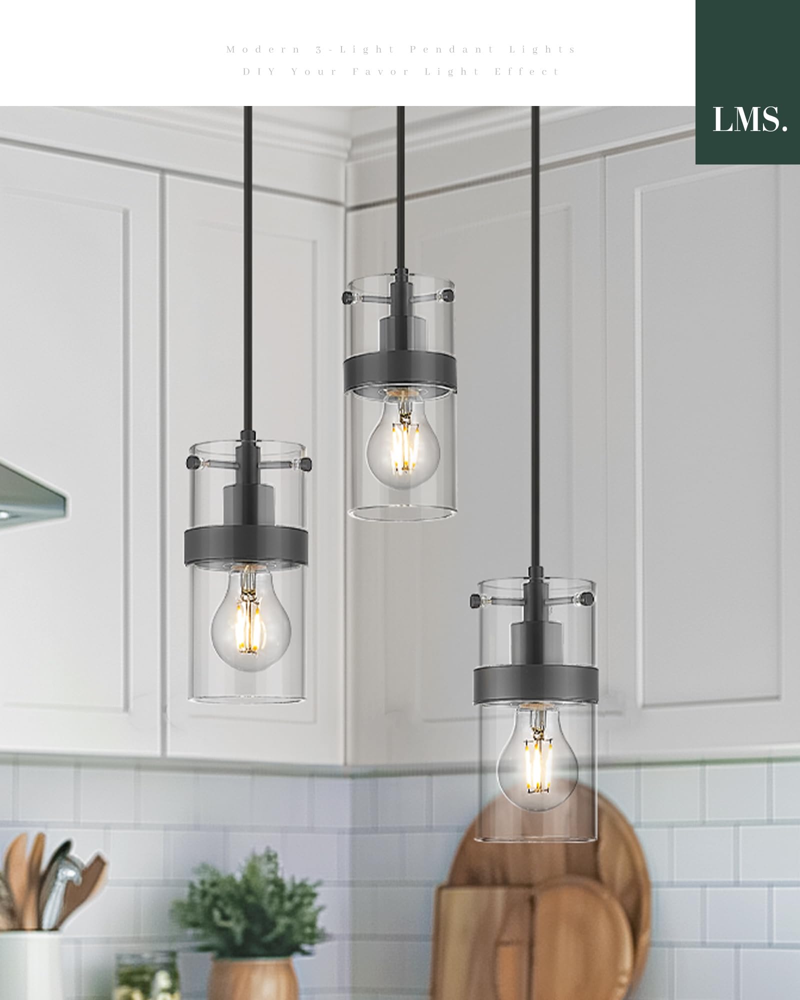 LMS 4-Light Island Lights, Farmhouse Light Fixtures with Hammered Glass Shade, Matte Black Linear Chandelier Pendant Lighting Over Table for Adjustable Height, Kitchen Island, LMS-171BK-4