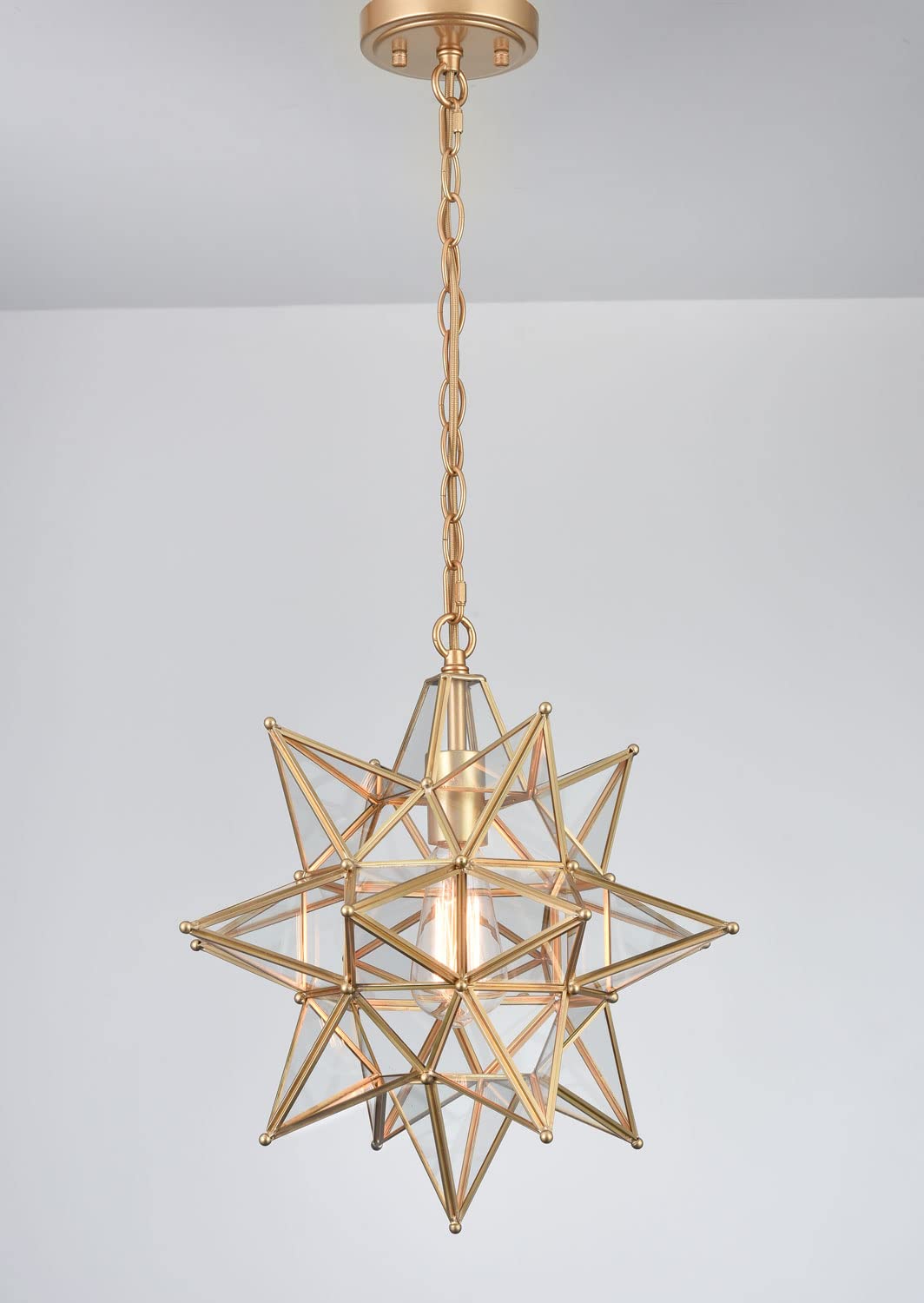 Moravian Star Pendant Light 20-Inch Large Hanging Ceiling Light Modern Gold Finish with Seeded Glass Adjustable Chain