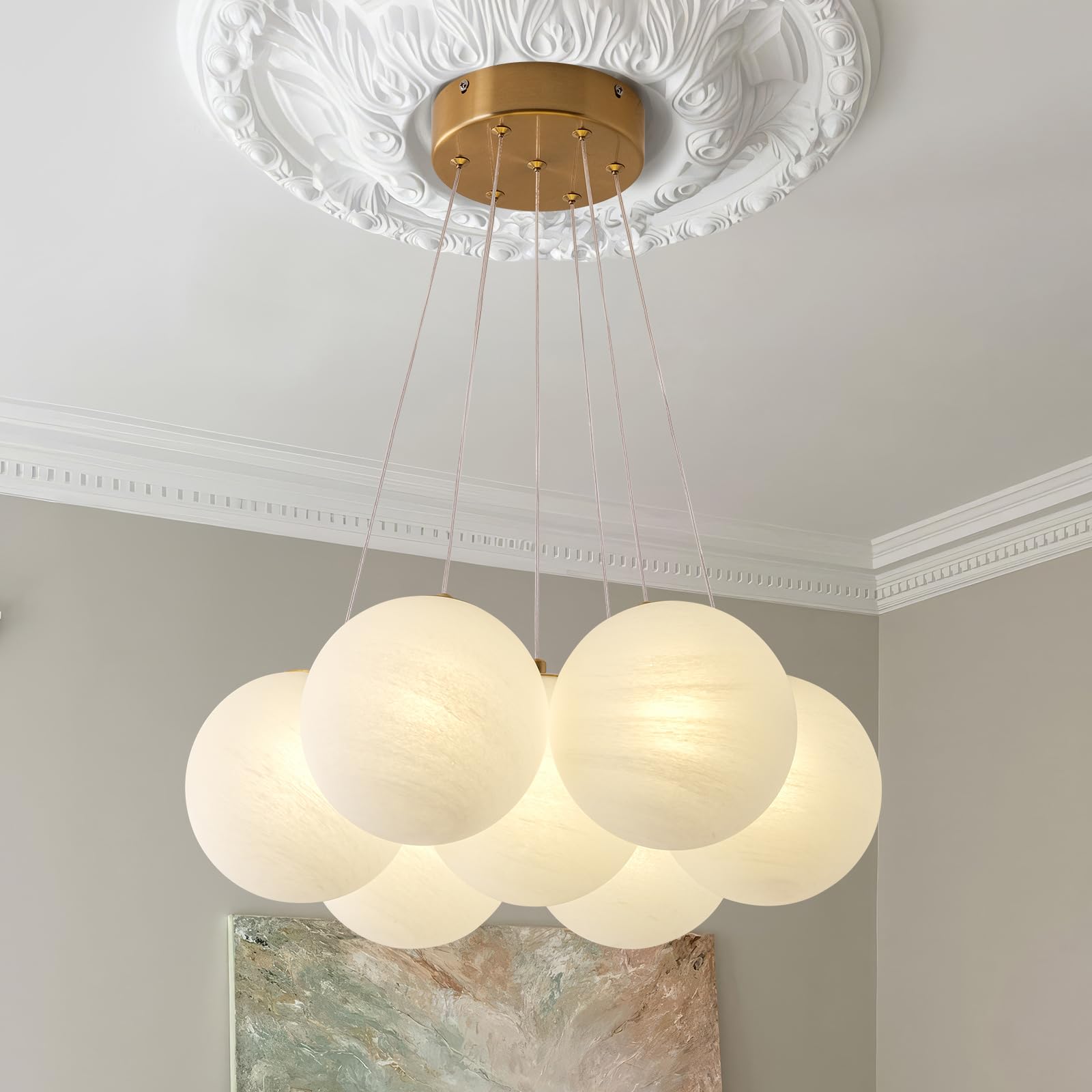 7-Lights Milk Glass Bubble Chandeliers Lighting, Modern Nordic Large Globe Chandelier Mid-Century Ball Pendant Light Fixture for Bedroom, Living Room, Dining Room, Entry, Island