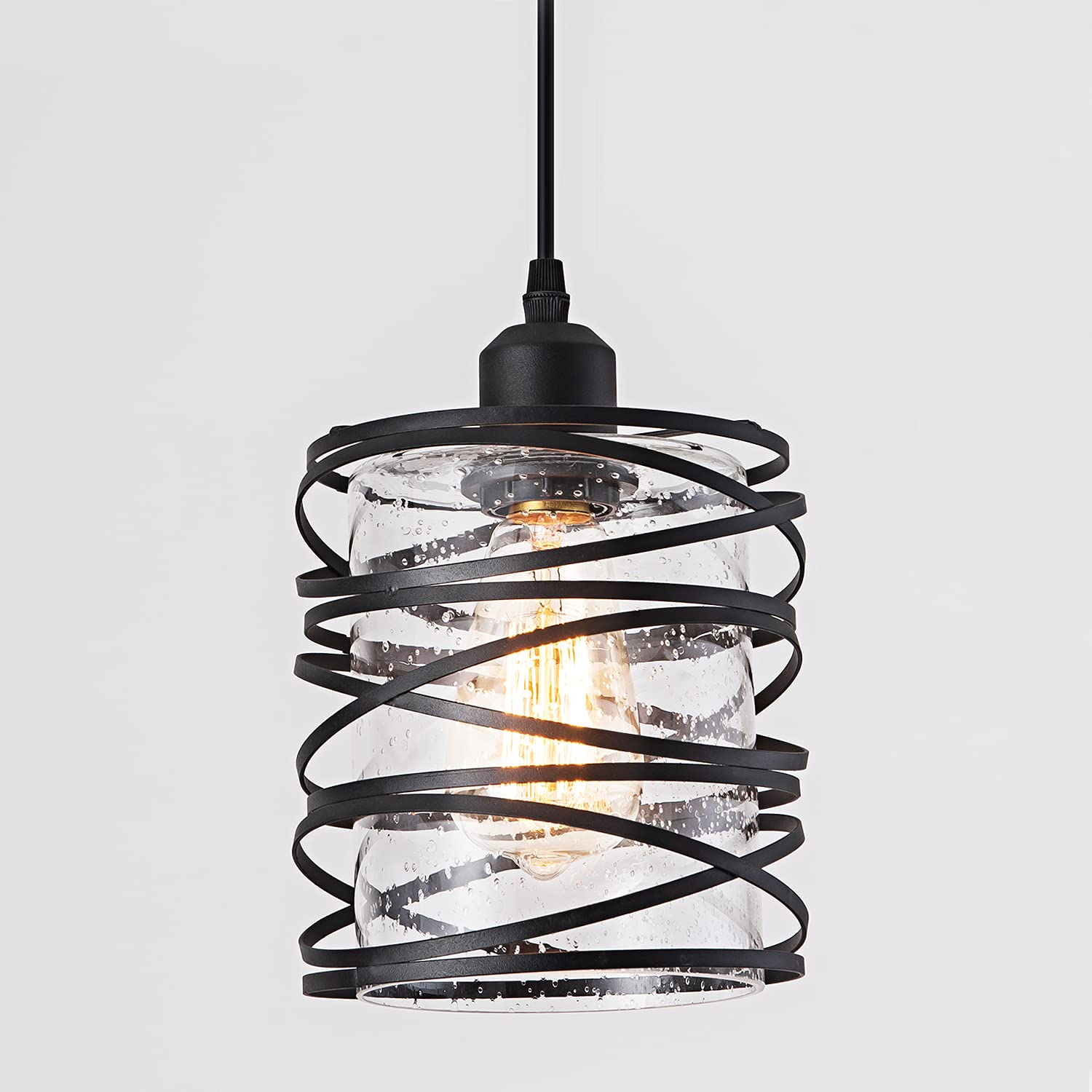 Modern Mini Pendant Light Fixture Kitchen Island Pendant Lighting 6.30''Matte Black Spiral Cage Handblown Clear Seeded Glass Shade Hanging Lamp Adjustable Cord for Dining Room 1-Pack,E26