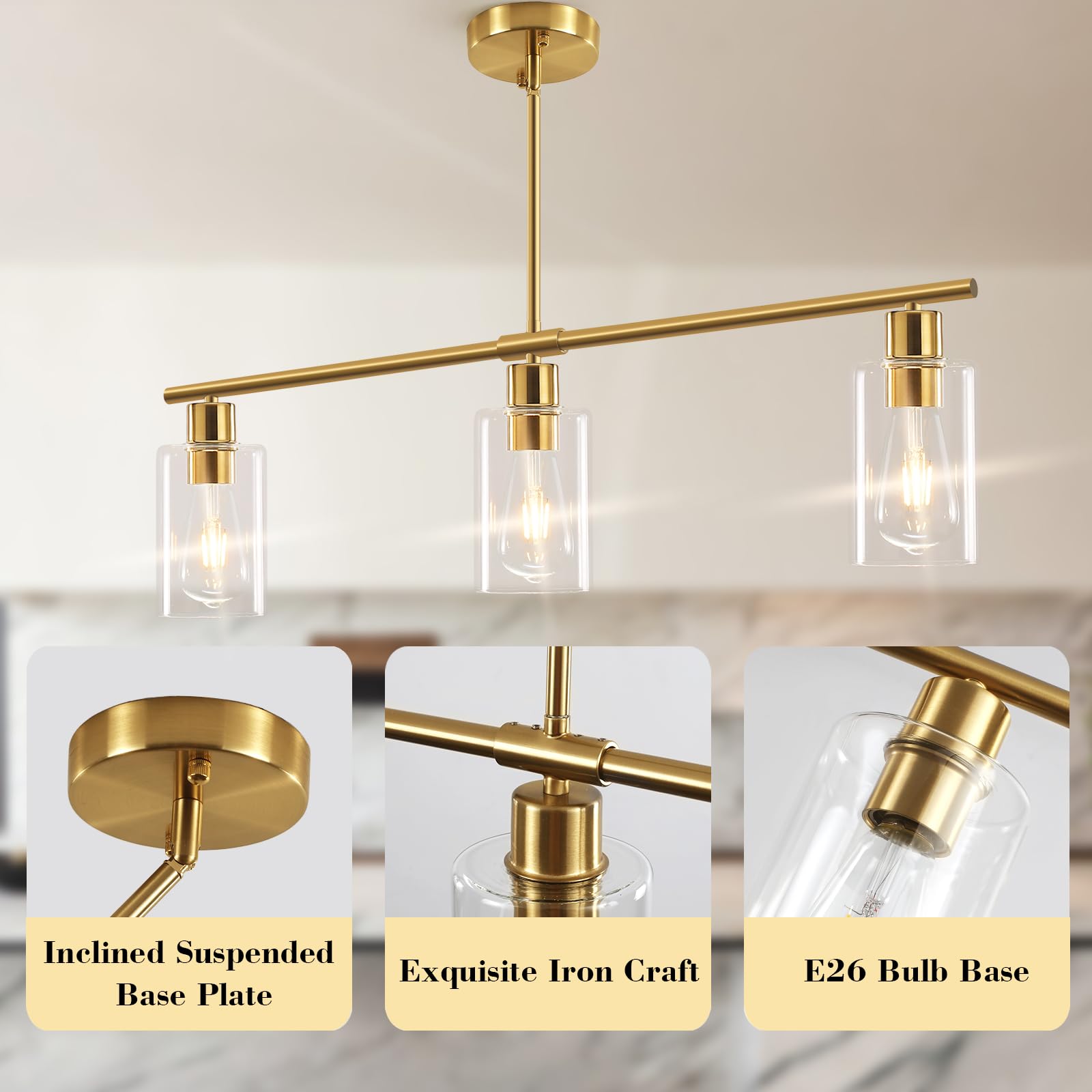 Kitchen Island Lighting, 3 Lights Linear Chandeliers Rectangle Pendant Light Fixtures for Dining Room Farmhouse Hanging Light with Glass Shades Hanging Lights - Gold