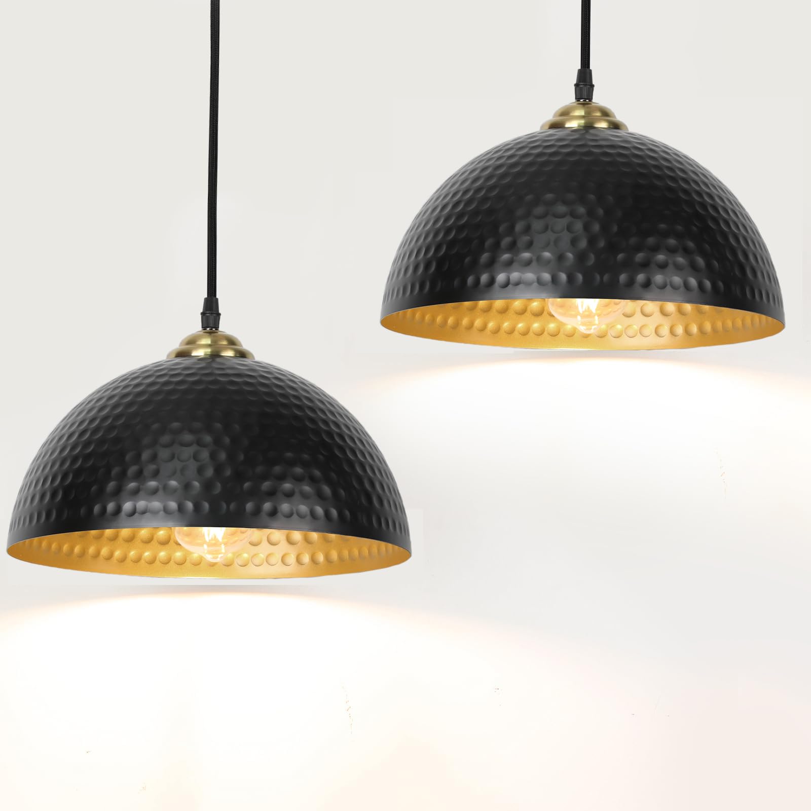 Pendant Lights Kitchen Island, 2 Pack Industrial Pendant Light Fixtures Ceiling Hanging with Hammered Metal Shade, Black Pendant Lighting with Gold Lined, Height Adjustable