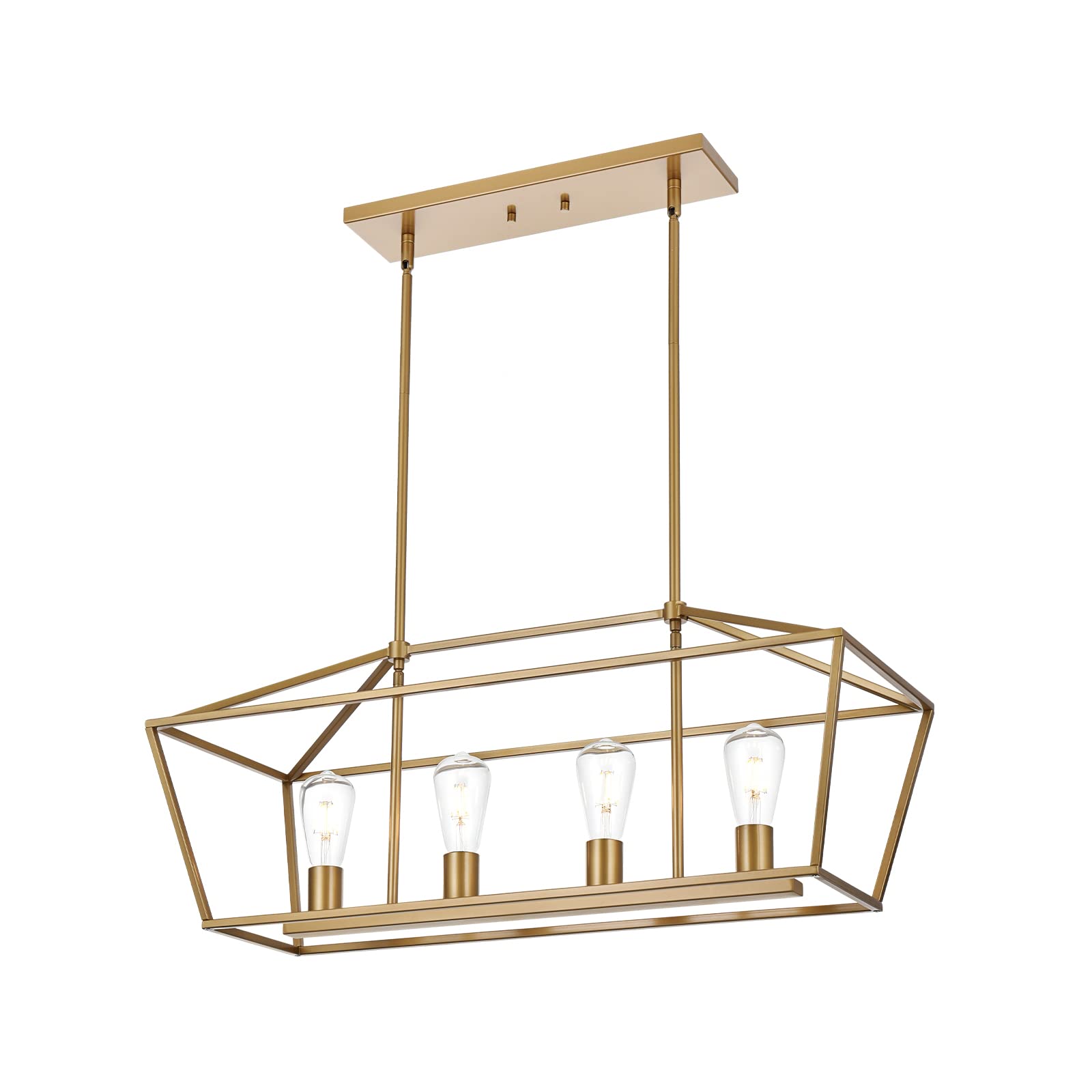 Modern 4 Light Farmhouse Chandelier Gold Linear Kitchen Island Pendant Light Traditional Rectangular Dining Room Lighting Fixture Hanging Metal Cage Pendant Lamp for Hallway Foyer