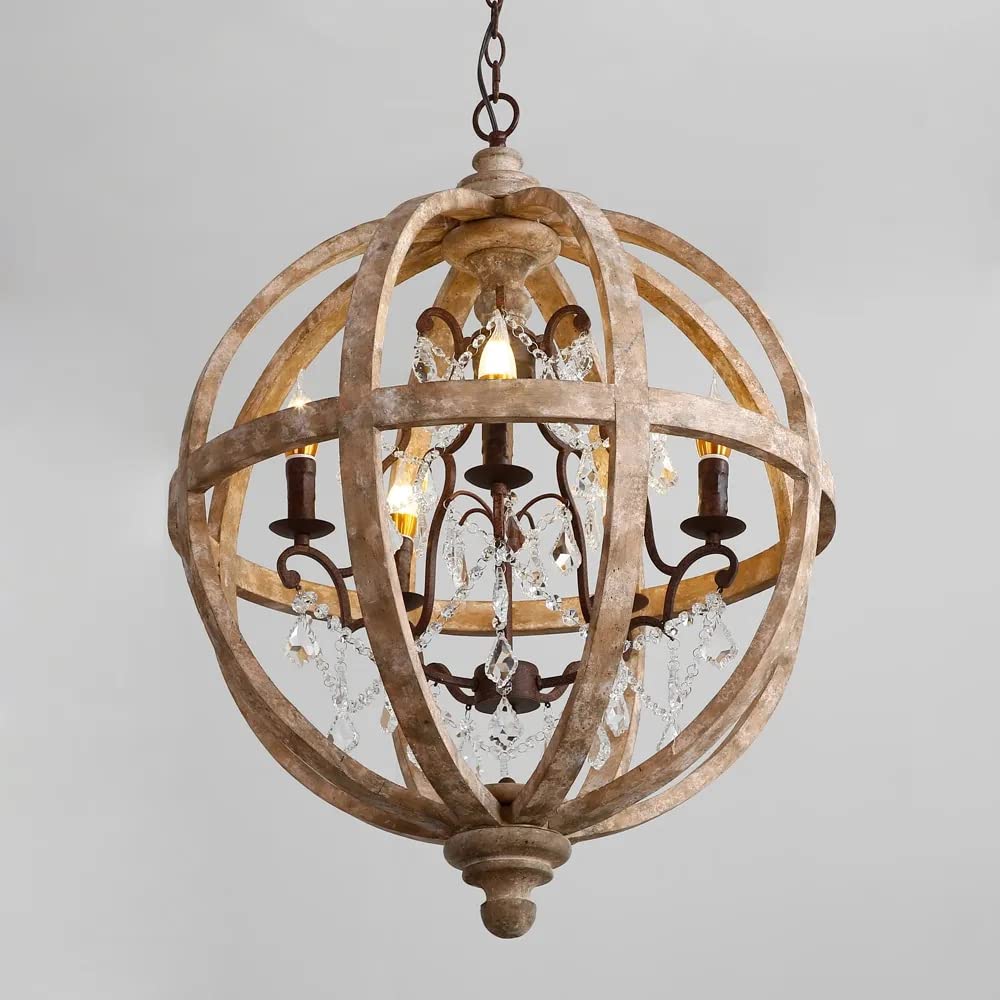 New 24" Wide Retro Rustic Weathered Wooden Globe Chandelier Crystal 5-Light Pendant Lighting