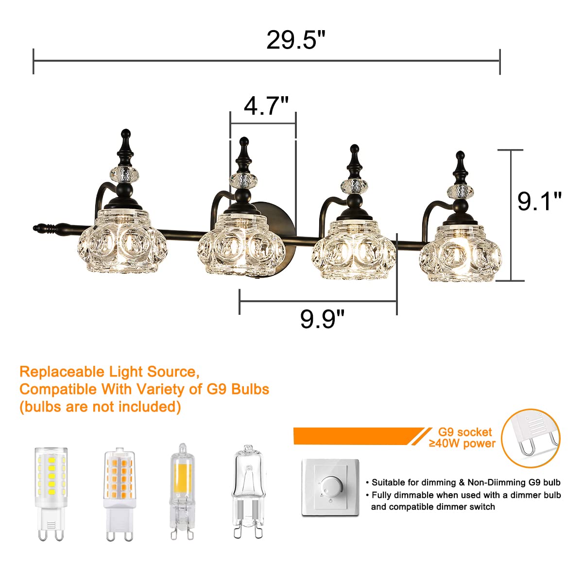 Industrial 1-Light Bathroom Vanity Light Fixture, Black Wall Source with Glass Shade, Rust-Proof and Durable, Using G9 Bulbs for Bedroom, Bathroom, Living Room